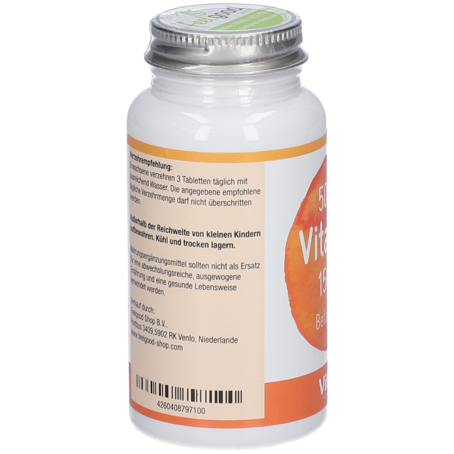 Rückseite einer weißen Flasche mit Schraubverschluss. Enthält Informationen zu Vitamin A 1500 µg und Beta-Carotin.