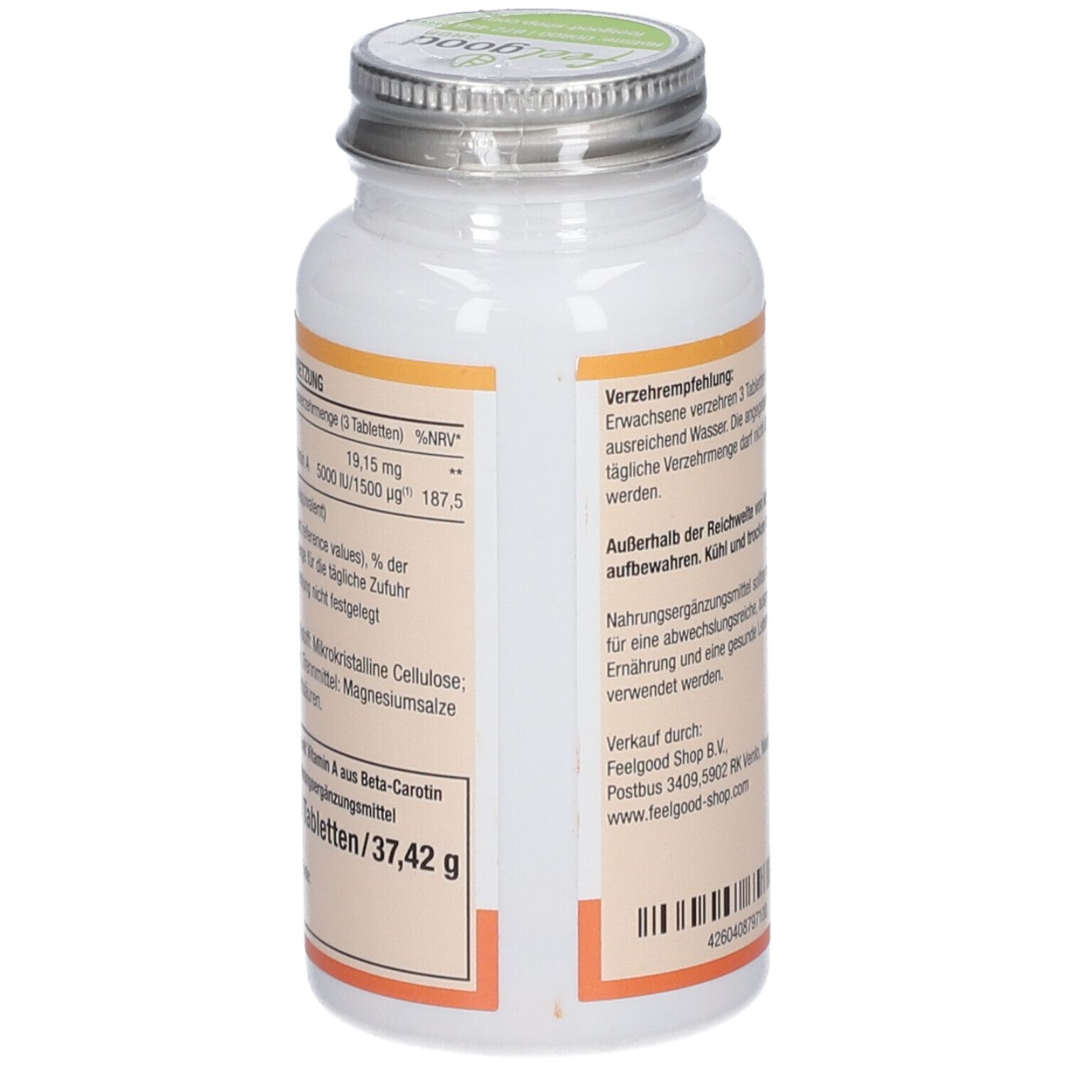 Rückseite einer weißen Flasche mit Schraubverschluss. Enthält Informationen zu Vitamin A 1500 µg und Beta-Carotin.