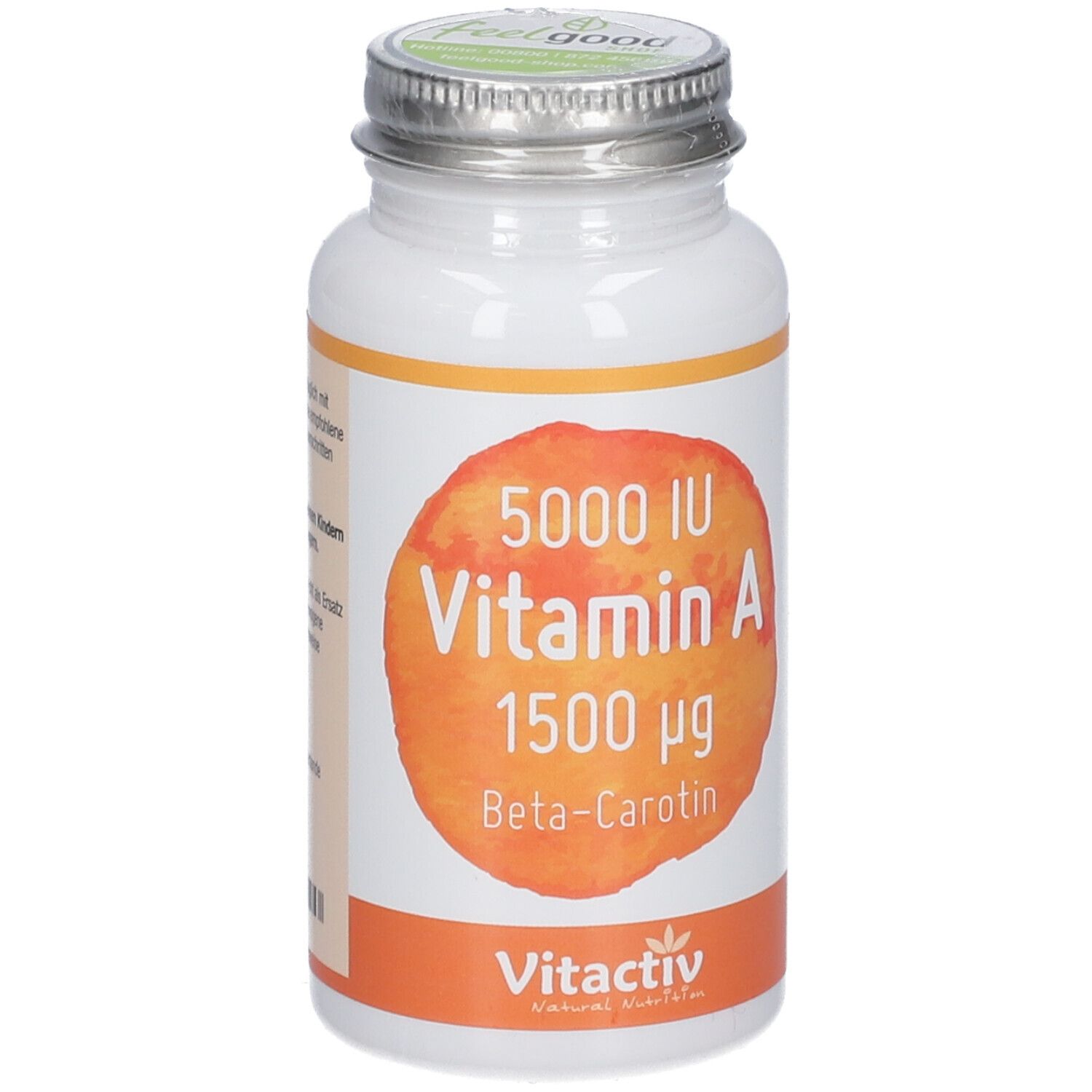 Weiße Flasche mit Schraubverschluss. Aufkleber mit Vitamin A 1500 µg und Beta-Carotin. Marke Vitactiv.