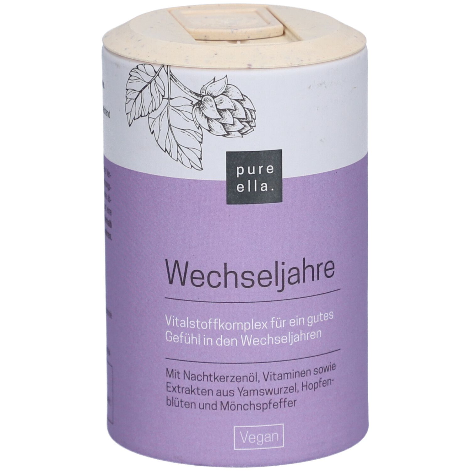 Zylindrische Dose mit lila Etikett. Text: Wechseljahre. Marke: pure ella. Vegan-Siegel. Deckel aus Naturmaterial.