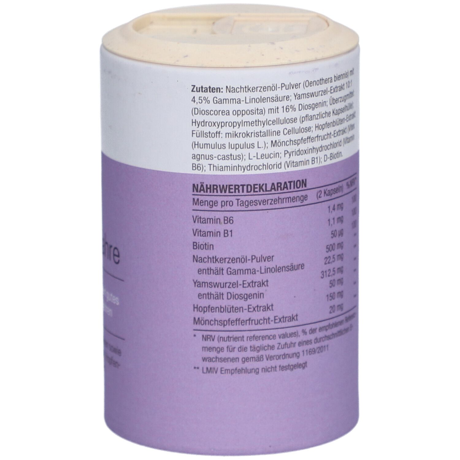 Dose, Rückseite. Text: Nährwertdeklaration. Zutaten: Nachtkerzenöl, Yamswurzel-Extrakt, Hopfenblüten-Extrakt, Mönchspfefferfrucht-Extrakt, Vitamine.