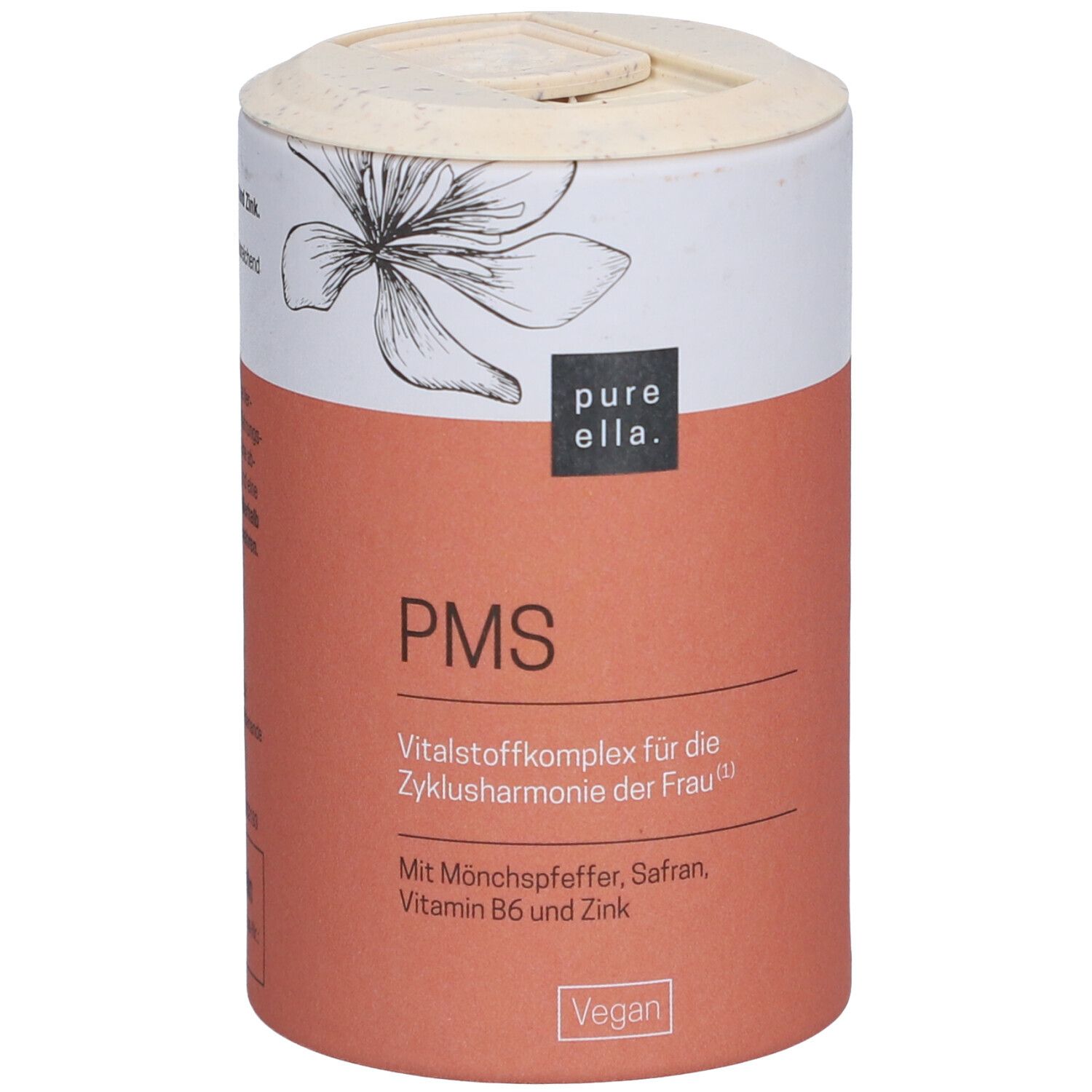 Zylindrische Dose mit Produktinformationen. Aufschrift: PMS, Vitalstoffkomplex. Vegan-Siegel.