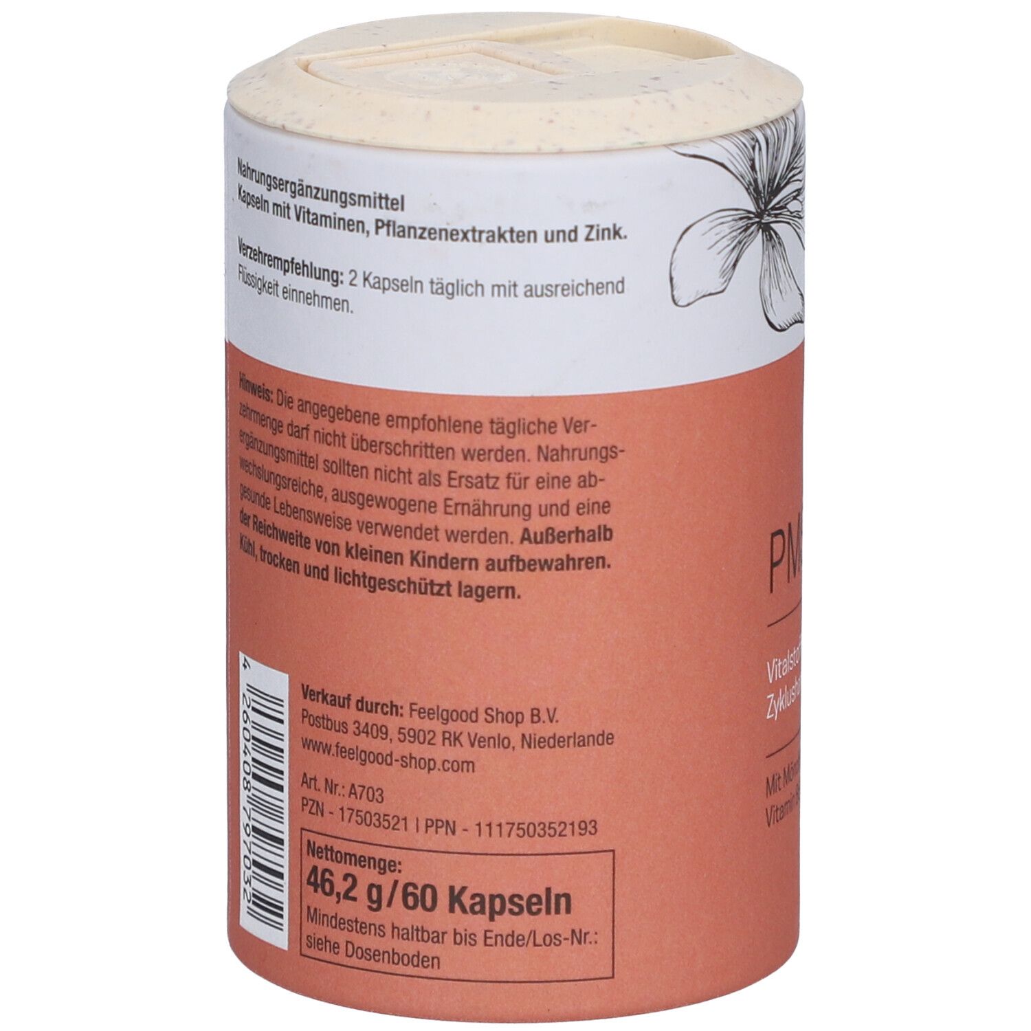 Rückseite der Dose. Text: Nahrungsergänzungsmittel. Verzehrempfehlung: 2 Kapseln täglich. Nettogewicht: 46,2 g.