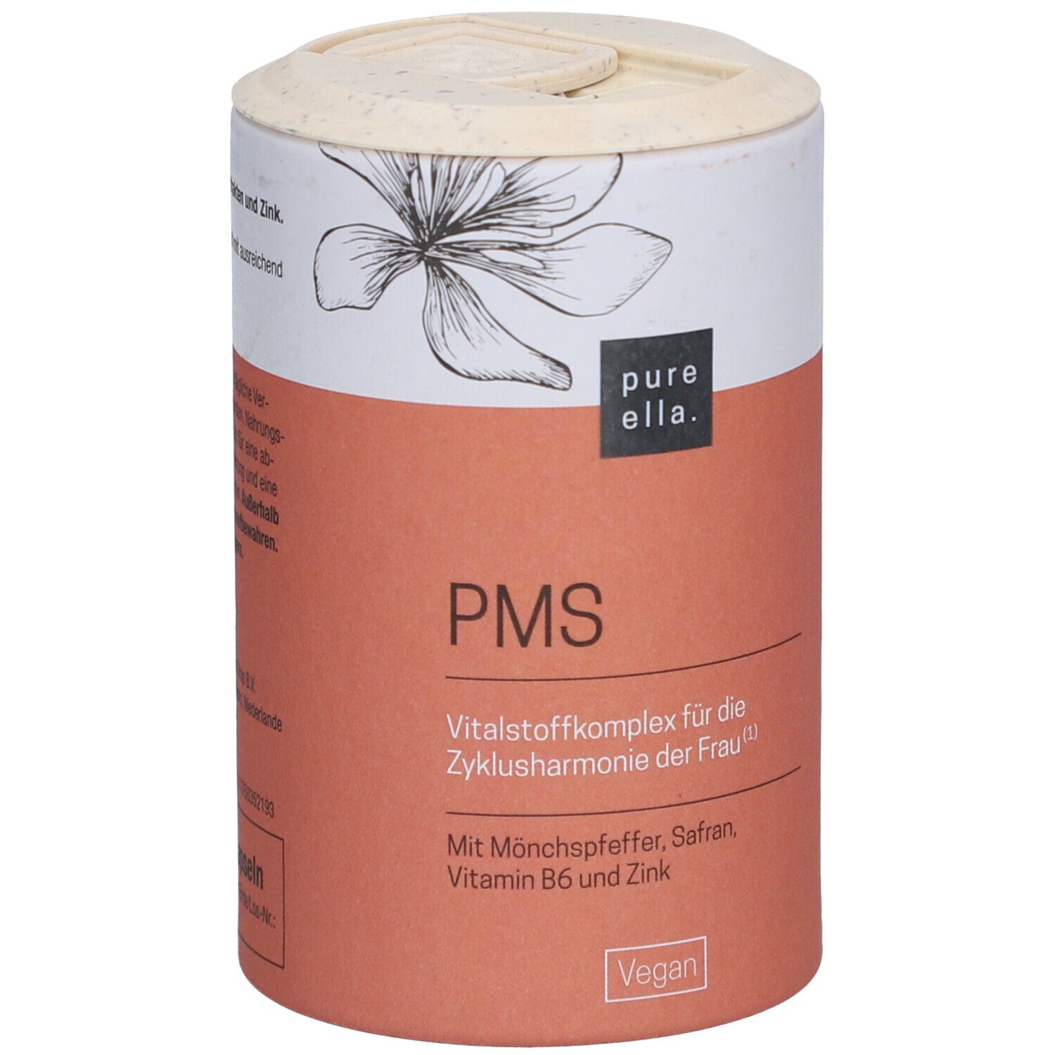Zylindrische Dose mit Produktinformationen. Aufschrift: PMS, Vitalstoffkomplex. Vegan-Siegel.