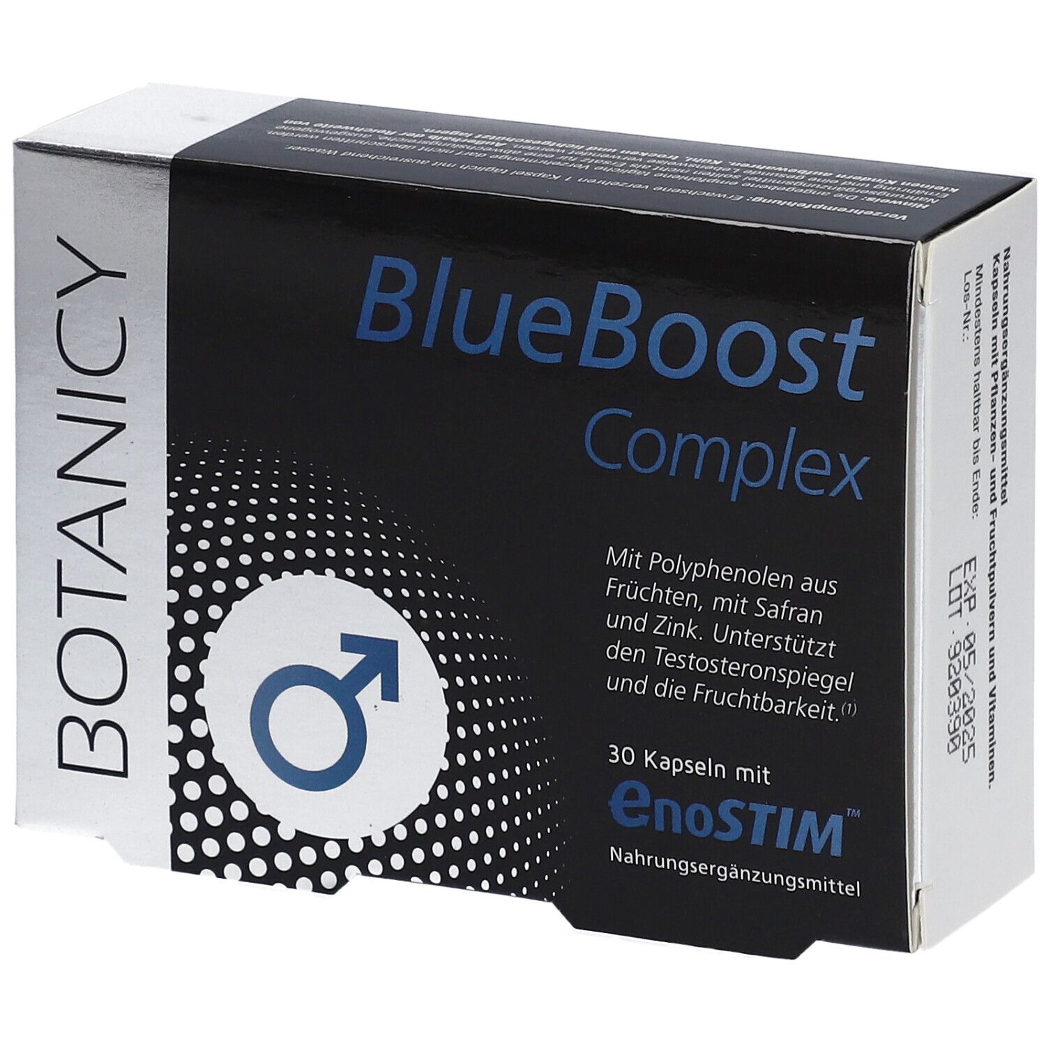 Schachtel BlueBoost Complex. 30 Kapseln. Marke: Botanicy. Enthält EnoSTIM. Männliches Symbol.