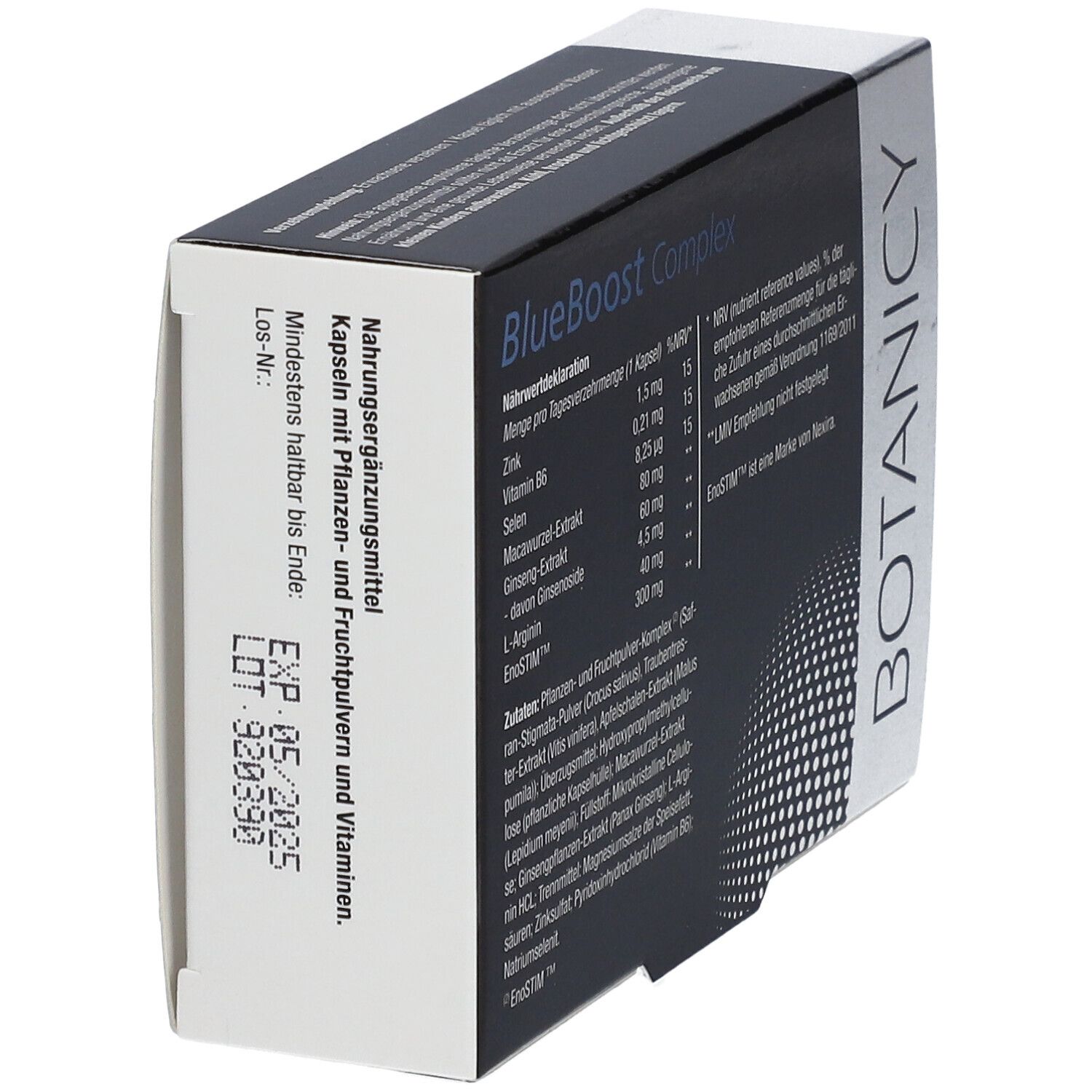 Schachtel BlueBoost Complex. Mindesthaltbarkeit. Marke: Botanicy. Enthält EnoSTIM. 30 Kapseln.