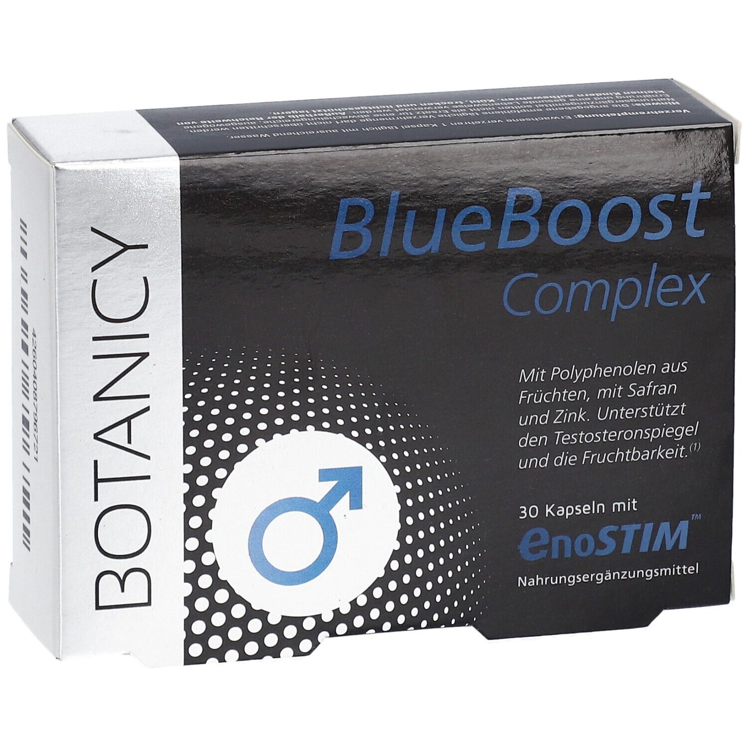 Schachtel BlueBoost Complex. Marke: Botanicy. Enthält EnoSTIM. 30 Kapseln. Männliches Symbol.
