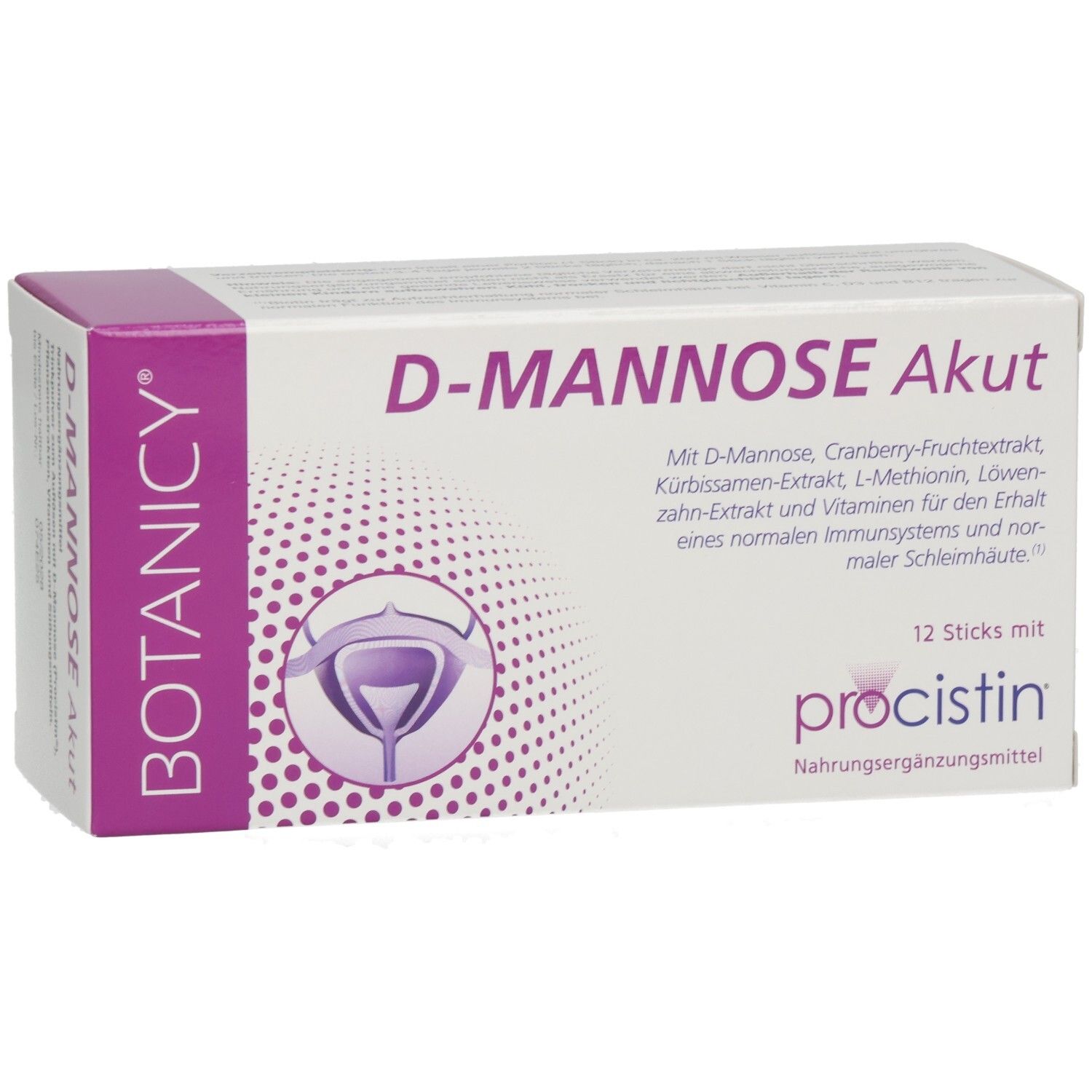 Produktpackung: D-Mannose Akut, 12 Sticks, procistin, BOTANICY. Perspektivische Ansicht. Weiß-lila Verpackung.