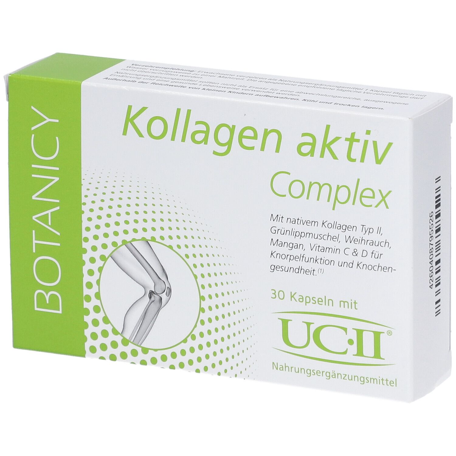 Karton BOTANICY Kollagen Aktiv Complex. 30 Kapseln mit UC-II. Grün und weiß. Text: Kollagen für Knorpel und Knochen.