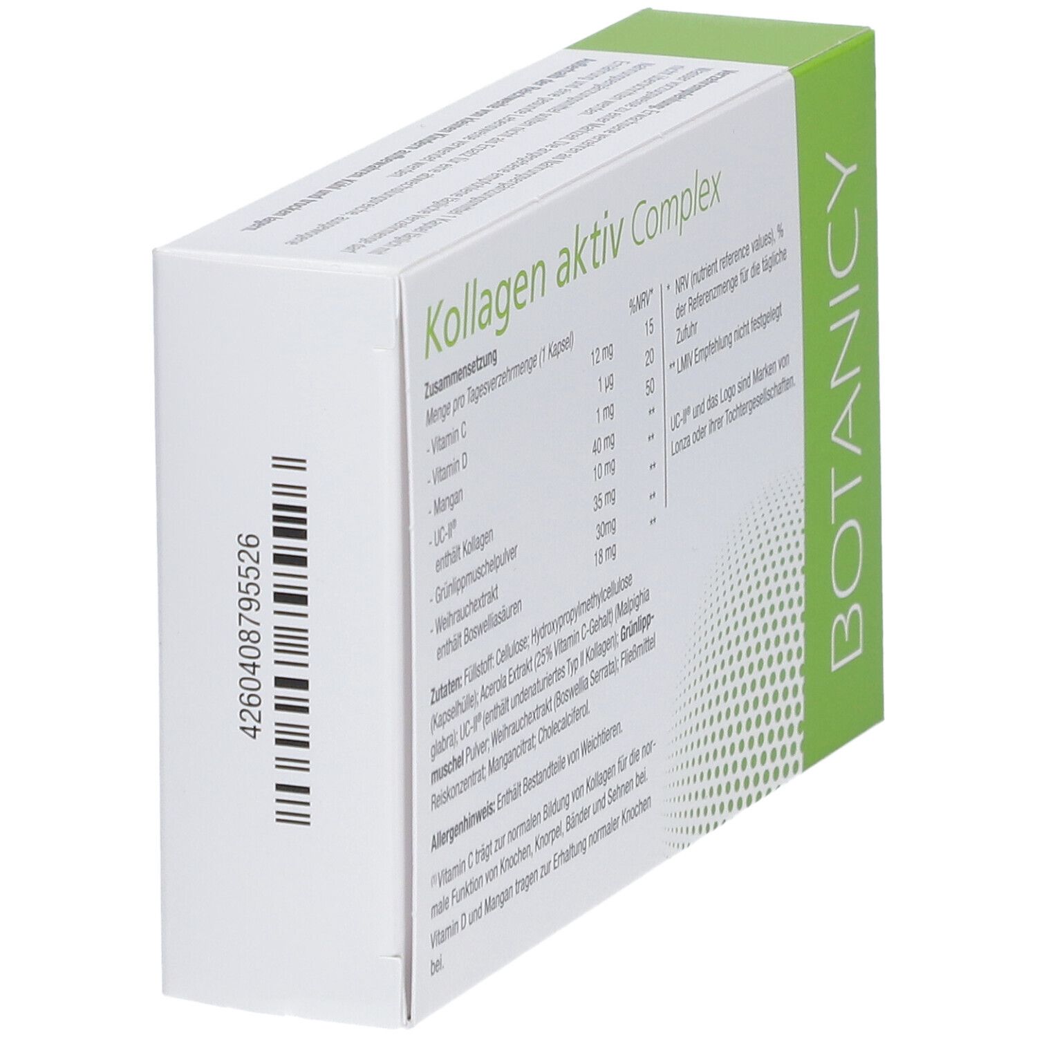 Karton BOTANICY Kollagen Aktiv Complex. 30 Kapseln mit UC-II. Grün und weiß. Text: Kollagen für Knorpel und Knochen.