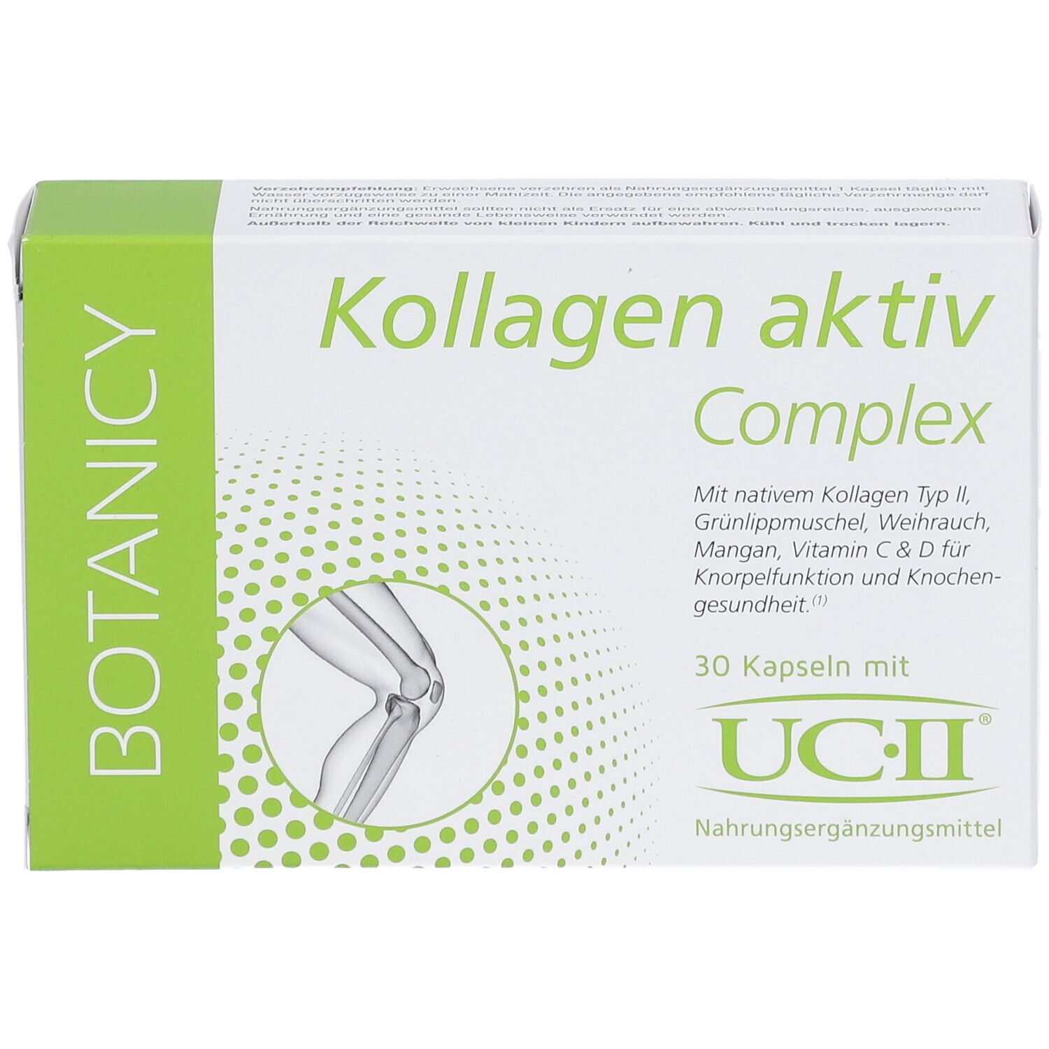 Karton BOTANICY Kollagen Aktiv Complex. 30 Kapseln mit UC-II. Grün und weiß. Text: Kollagen für Knorpel und Knochen.