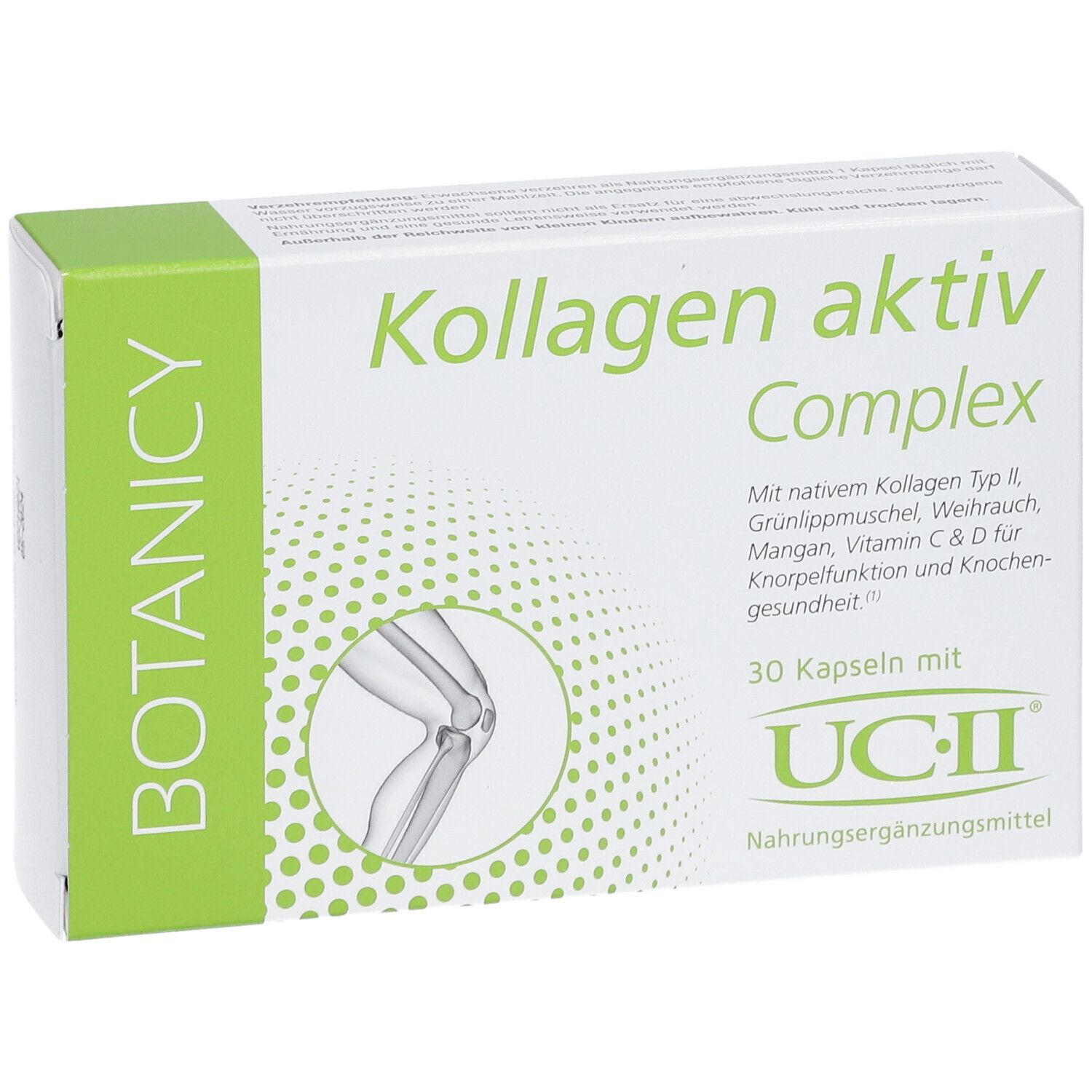 Karton BOTANICY Kollagen Aktiv Complex. 30 Kapseln mit UC-II. Grün und weiß. Text: Kollagen für Knorpel und Knochen.