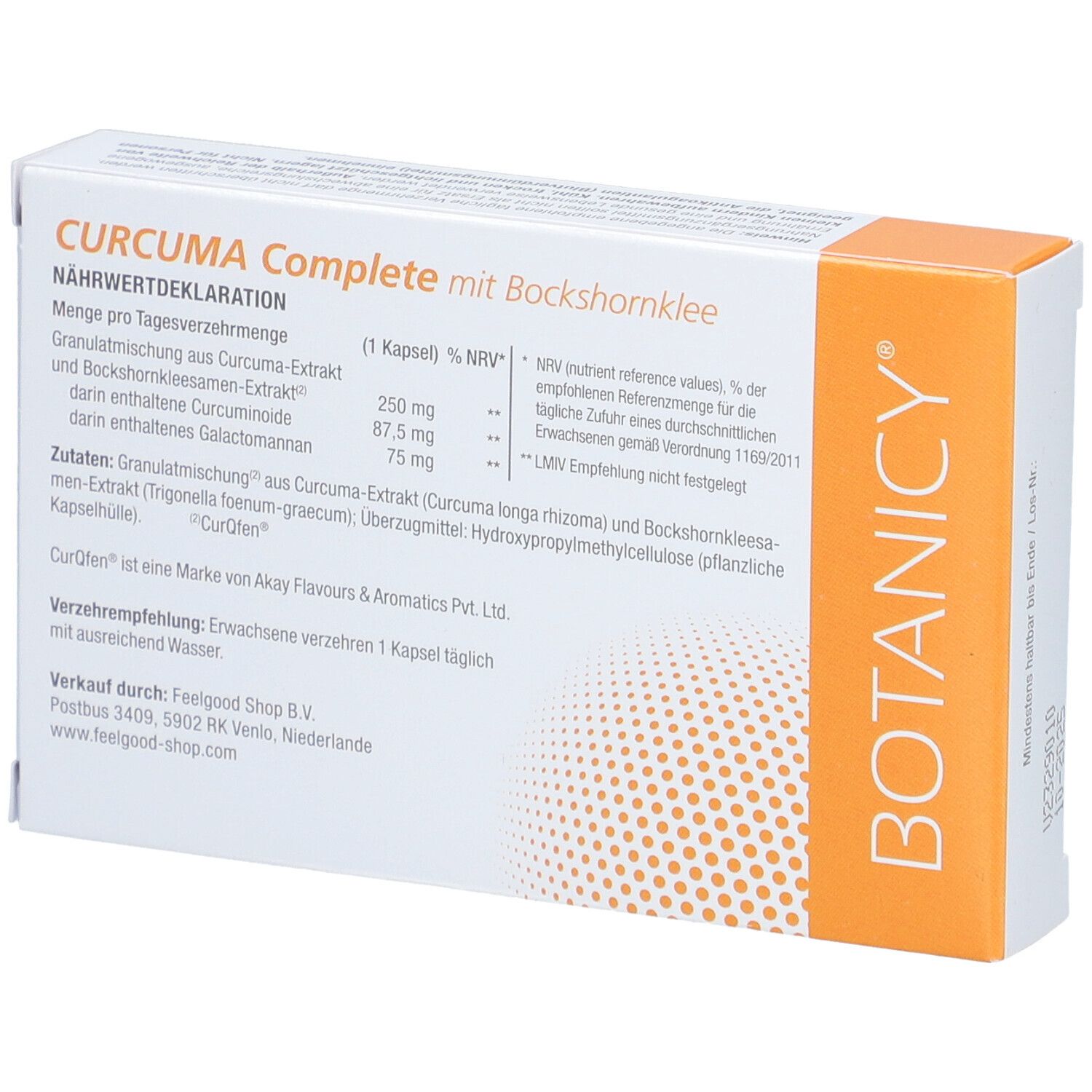 Karton BOTANICY Curcuma Complete. Text: Nährwertdeklaration. Rückseite. 30 Kapseln. CurQfen. Nahrungsergänzungsmittel.