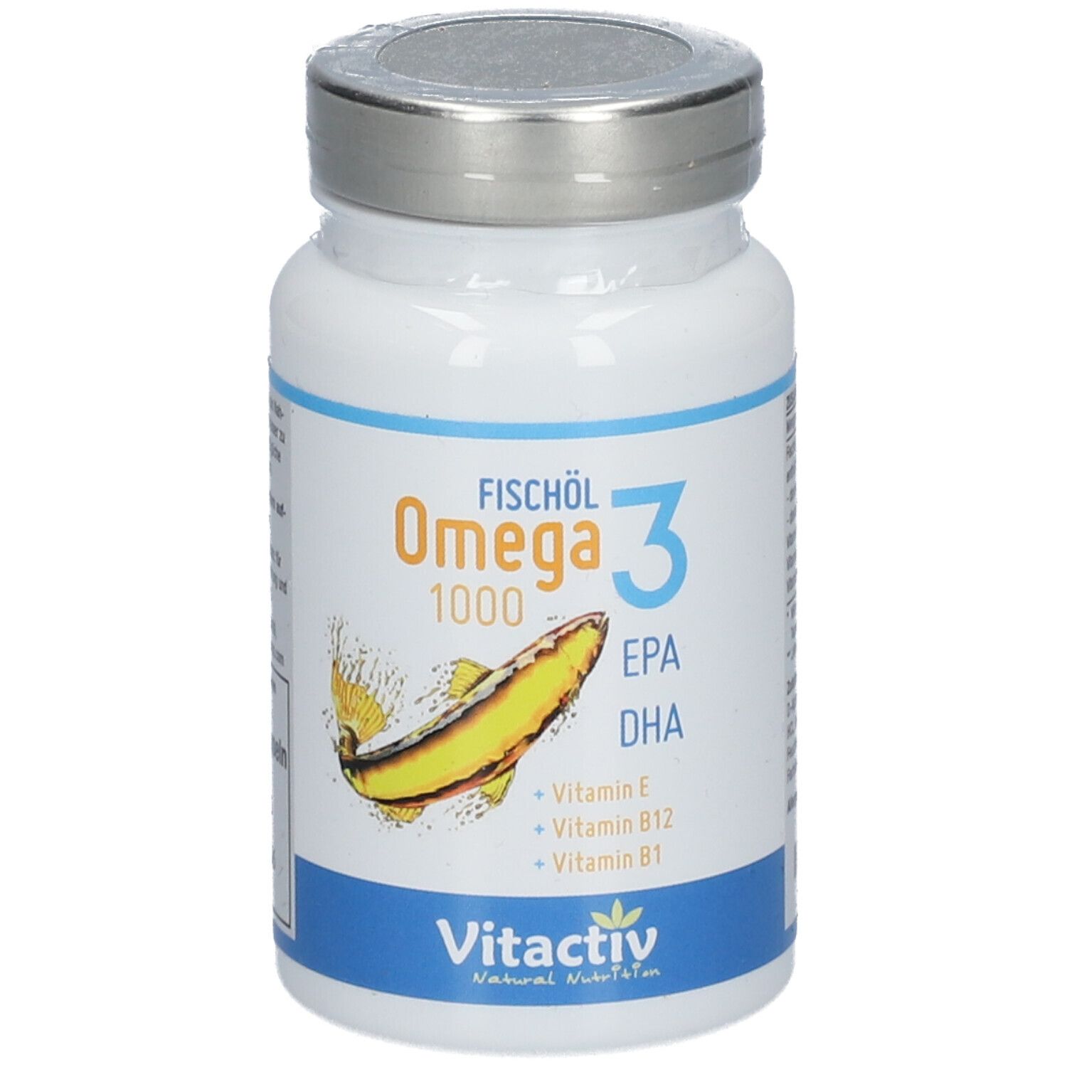 Flasche mit Omega 3 Fischöl 1000 Kapseln. Aufschrift: EPA, DHA, Vitamin E, B12, B1. Marke: vitactiv.