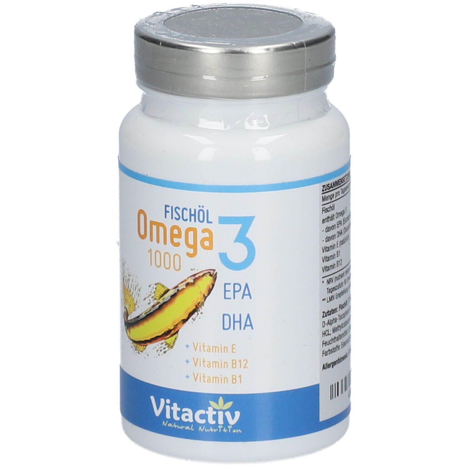 Flasche mit Omega 3 Fischöl 1000 Kapseln. Aufschrift: EPA, DHA, Vitamin E, B12, B1. Marke: vitactiv.