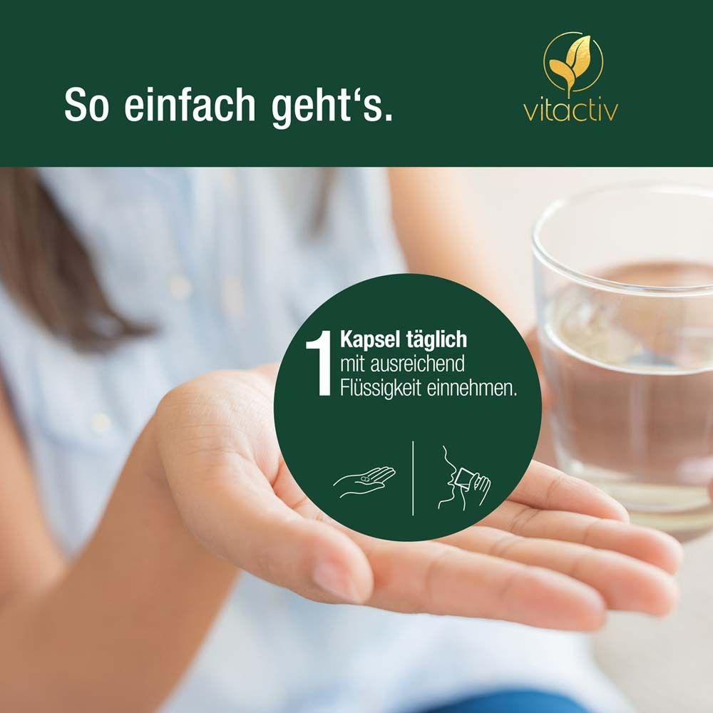 Hand hält eine Kapsel und ein Glas Wasser. Text: 1 Kapsel täglich mit ausreichend Flüssigkeit einnehmen.
