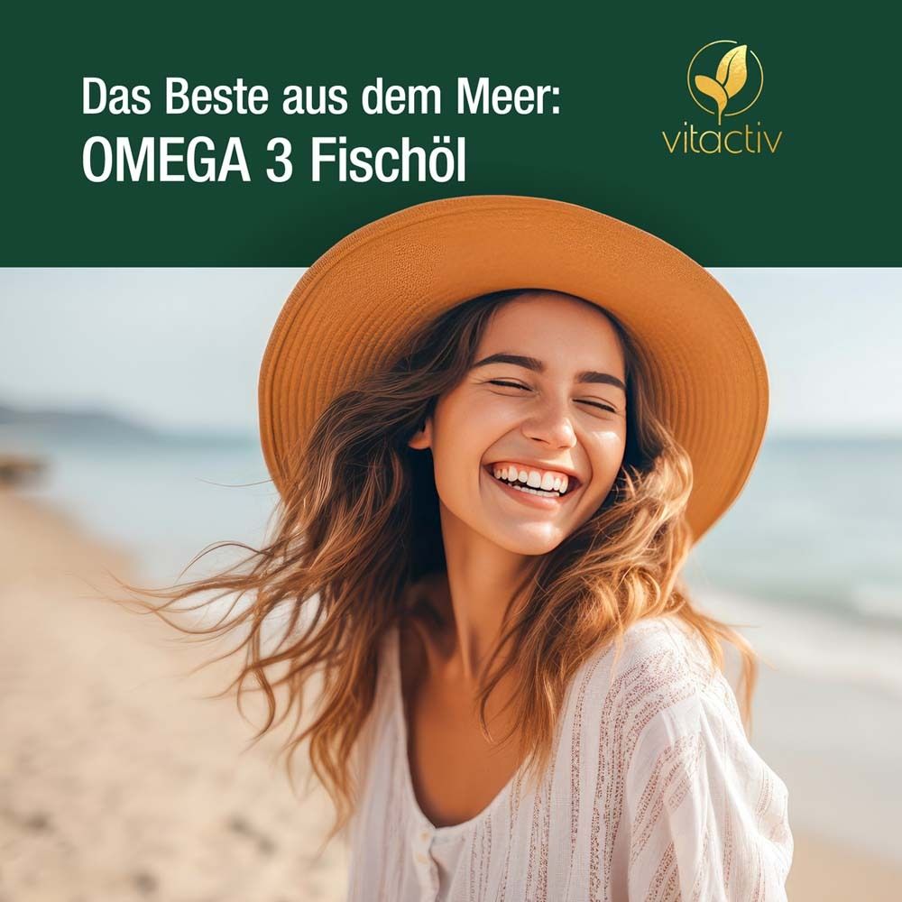 Frau am Strand mit Hut. Text: Das Beste aus dem Meer: Omega 3 Fischöl. Marke: vitactiv.