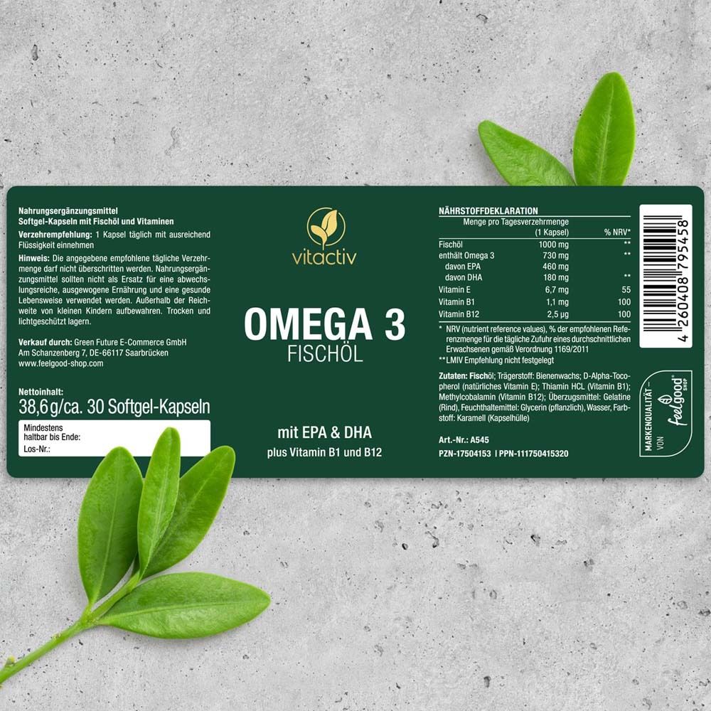 Produktetikett mit Nährwertdeklaration für Omega 3 Fischöl Kapseln. Text: 30 Softgel-Kapseln. Marke: vitactiv.