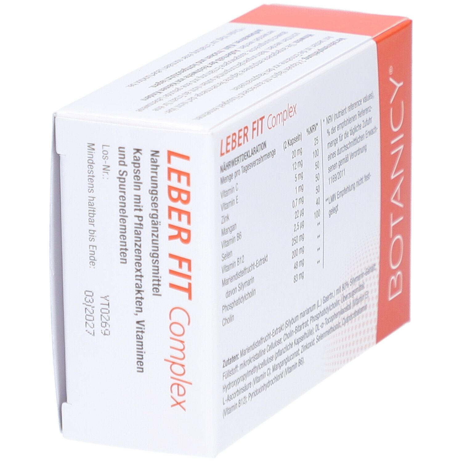 Karton mit BOTANICY Leber Fit Complex. Enthält 60 Kapseln. Mit Mariendistel, Cholin, Vitamin C, E und Zink.