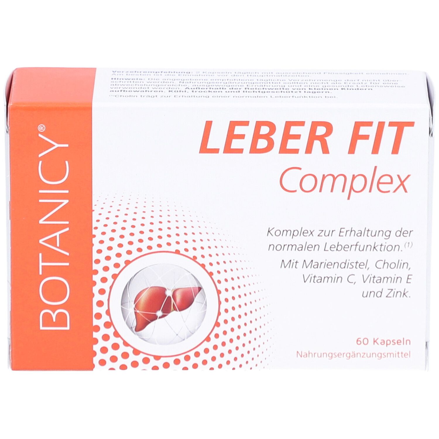 Karton mit BOTANICY Leber Fit Complex. Enthält 60 Kapseln. Mit Mariendistel, Cholin, Vitamin C, E und Zink.