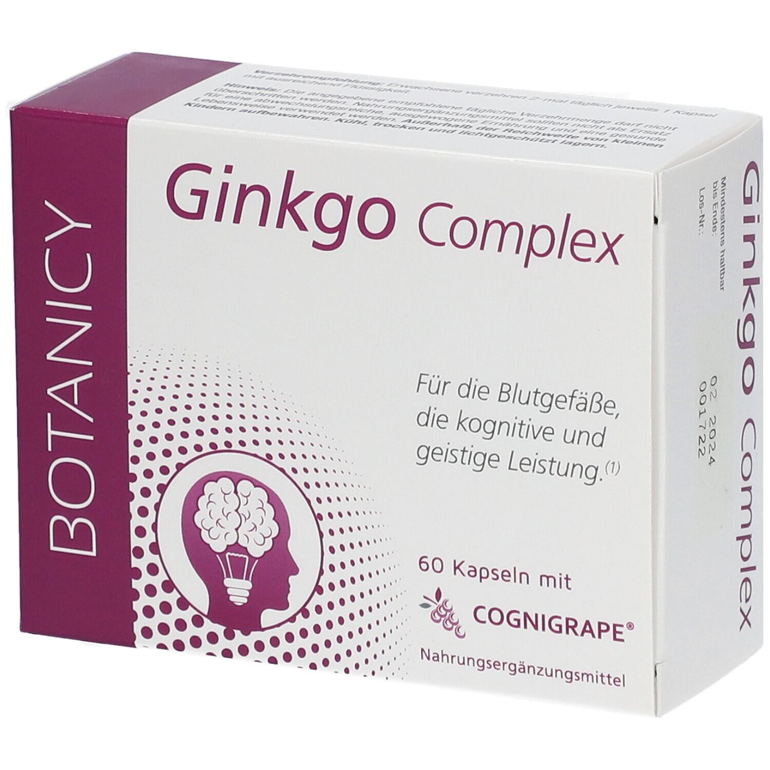 Schachtel mit Ginkgo Complex. Aufschrift: BOTANICY, 60 Kapseln, COGNIGRAPE. Illustration eines Gehirns. Für Blutgefäße, kognitive Leistung.