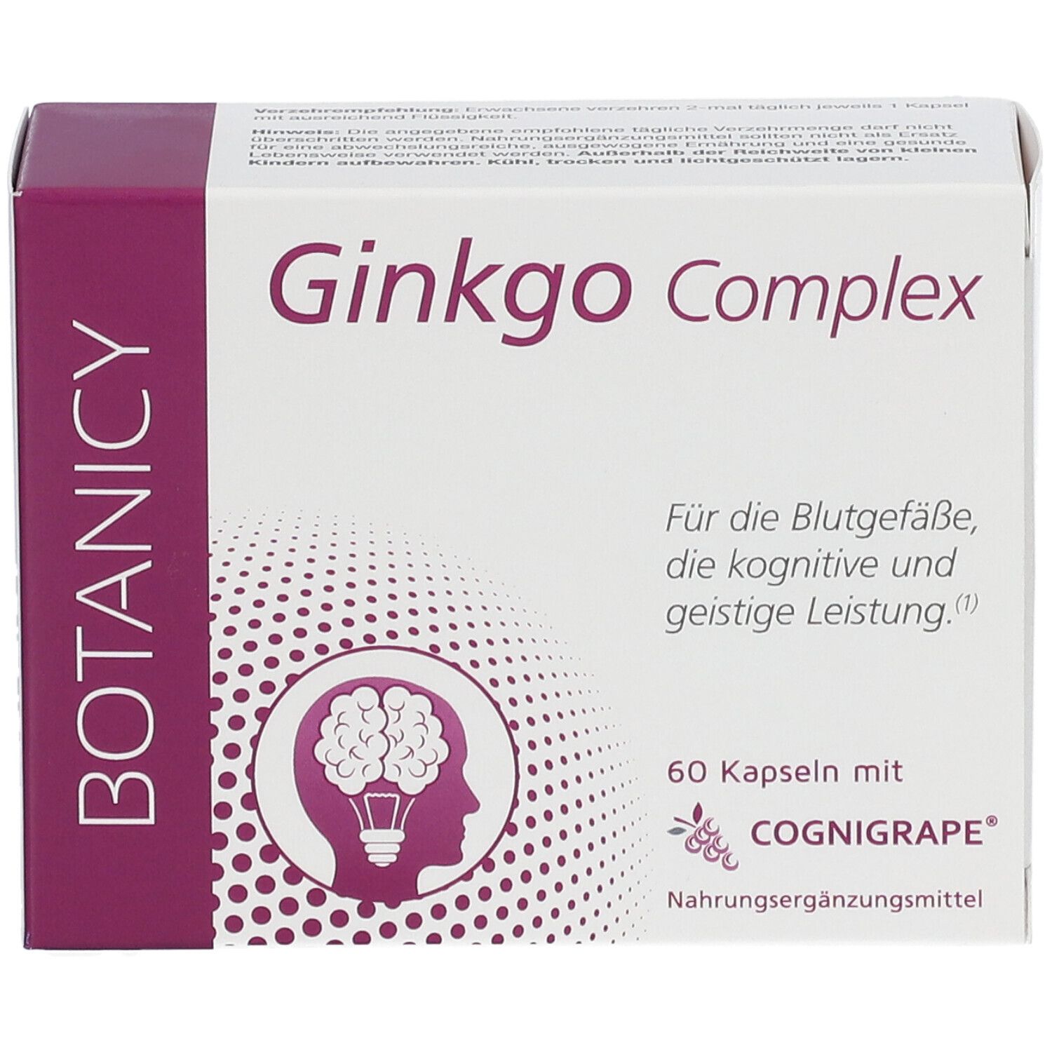 Schachtel mit Ginkgo Complex. Aufschrift: BOTANICY, 60 Kapseln, COGNIGRAPE. Illustration eines Gehirns. Für Blutgefäße, kognitive Leistung.