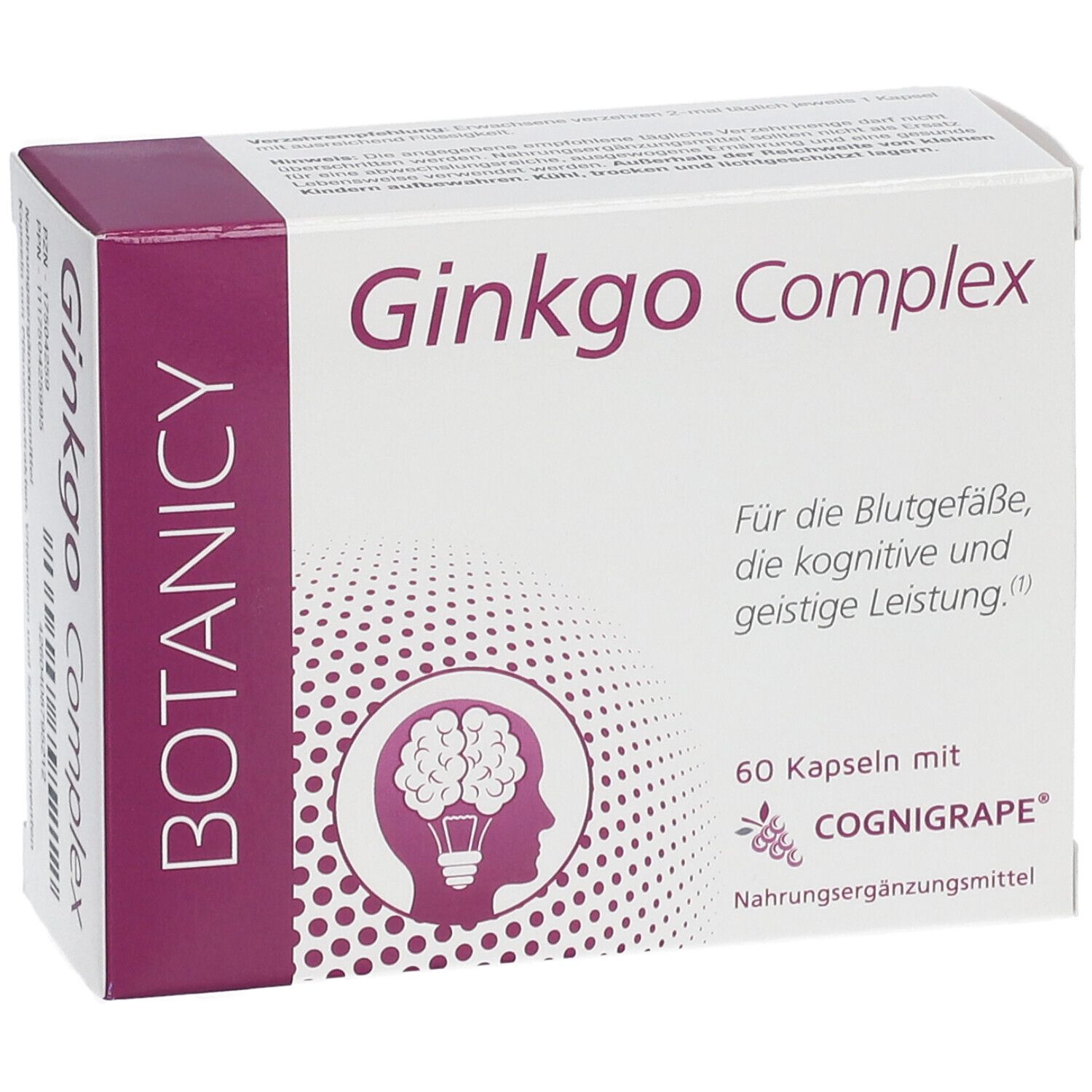 Schachtel mit Ginkgo Complex. Aufschrift: BOTANICY, 60 Kapseln, COGNIGRAPE. Illustration eines Gehirns. Für Blutgefäße, kognitive Leistung.