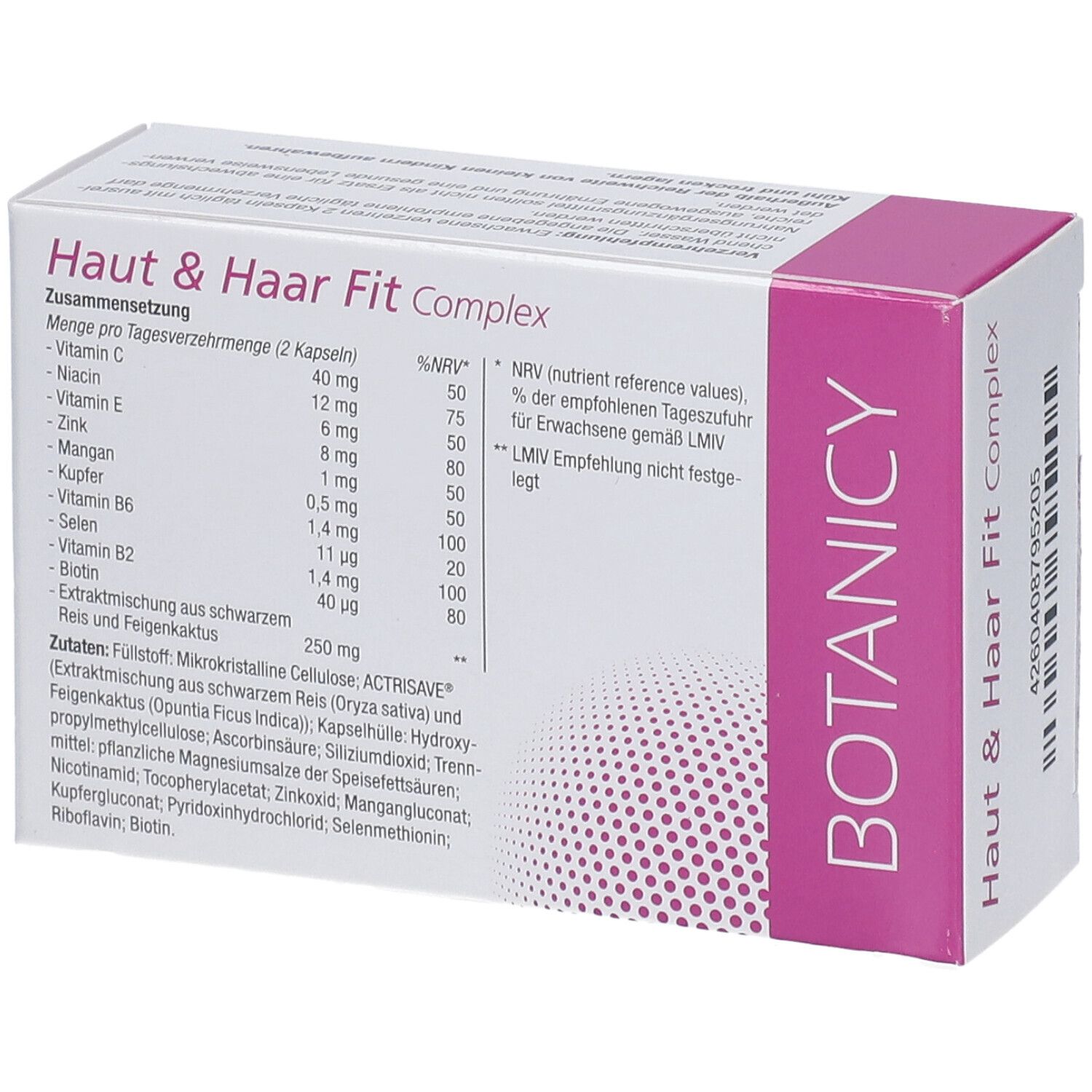 Produktverpackung von 'Haut & Haar Fit Complex'. Rückseite mit Inhaltsstoffen und Nährwertangaben.