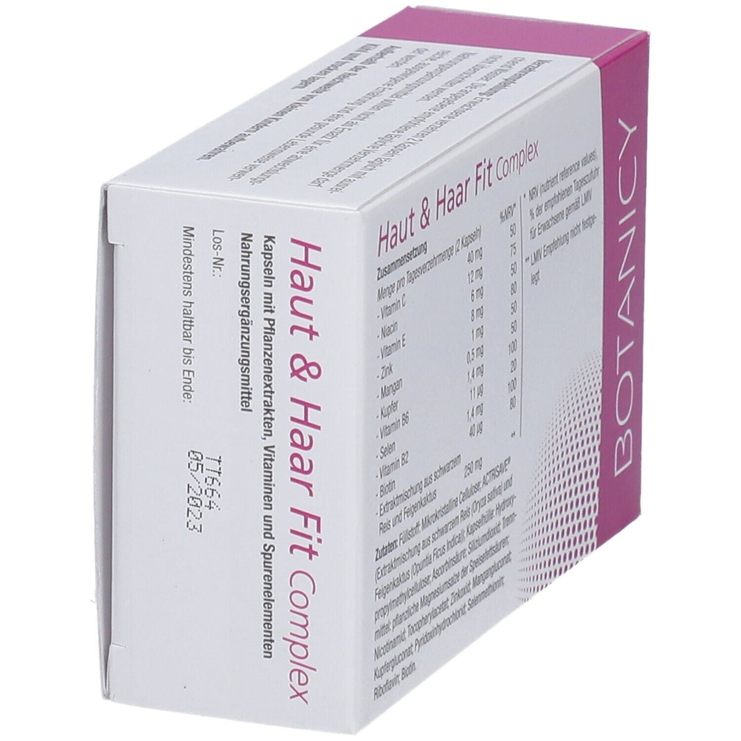 Produktverpackung von 'Haut & Haar Fit Complex'. Seitenansicht mit Haltbarkeitsdatum.