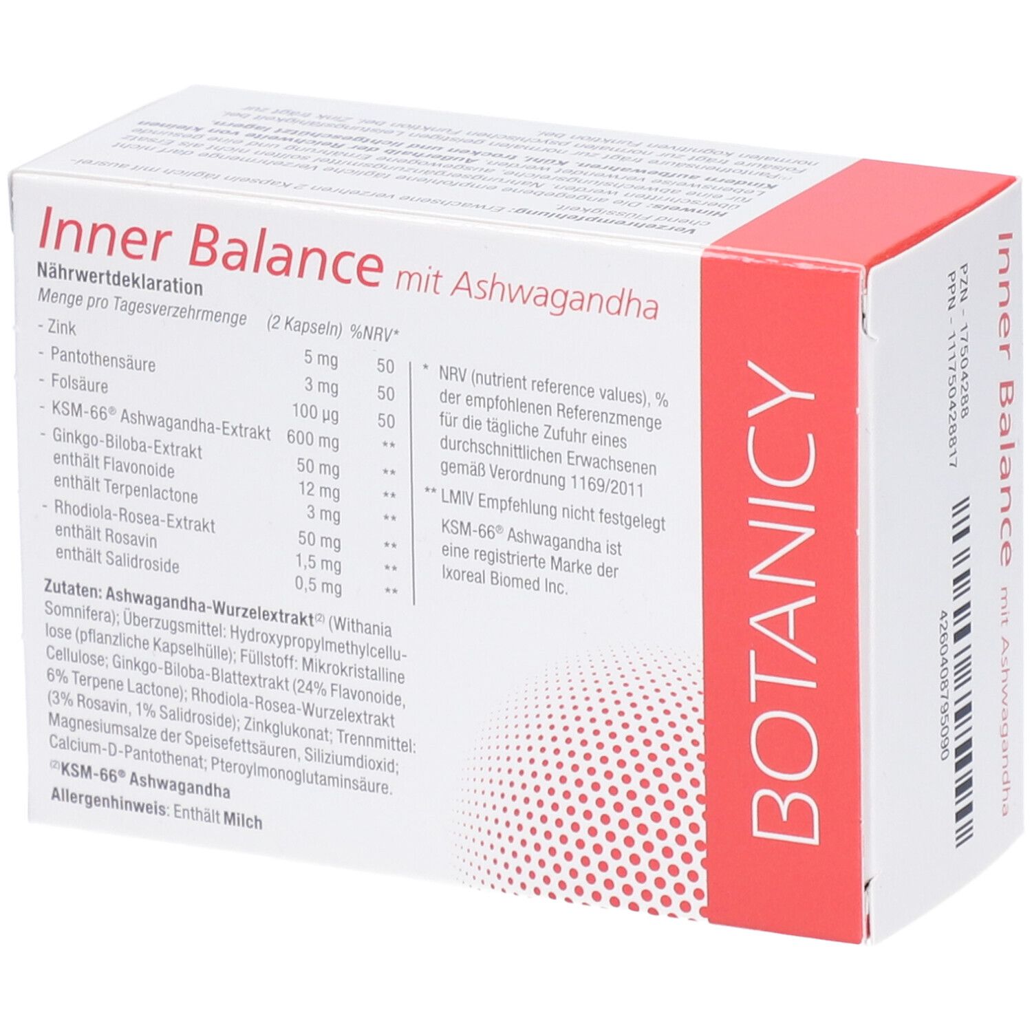 Packung 'Inner Balance mit Ashwagandha'. 60 Kapseln. Nährwertangaben. Inhaltsstoffe. Mindestens haltbar bis 04/2026.