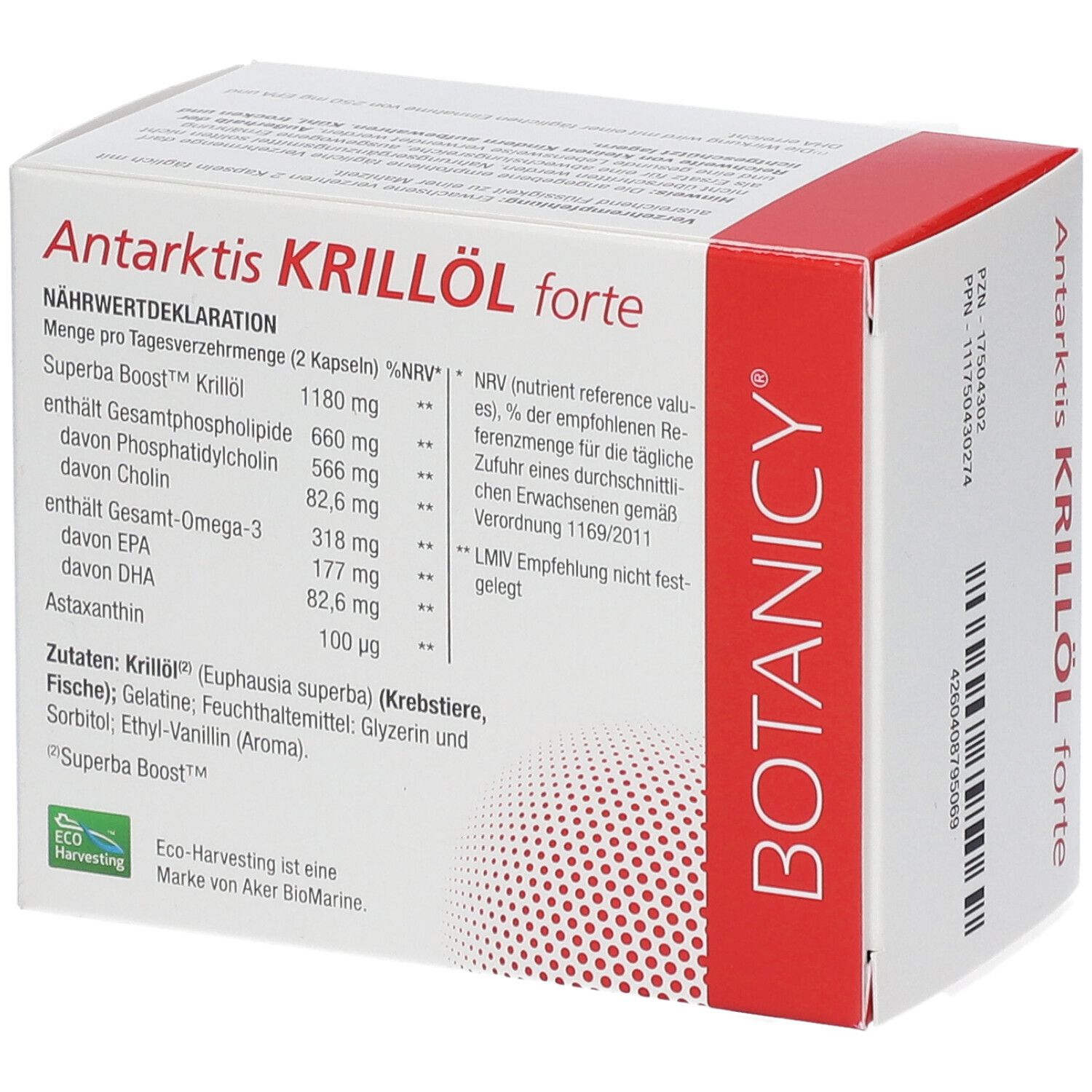 Produktverpackung. Nährwertdeklaration: SUPERBA Boost Krillöl, Omega-3, EPA, DHA, Cholin. Zutaten, Hinweise.