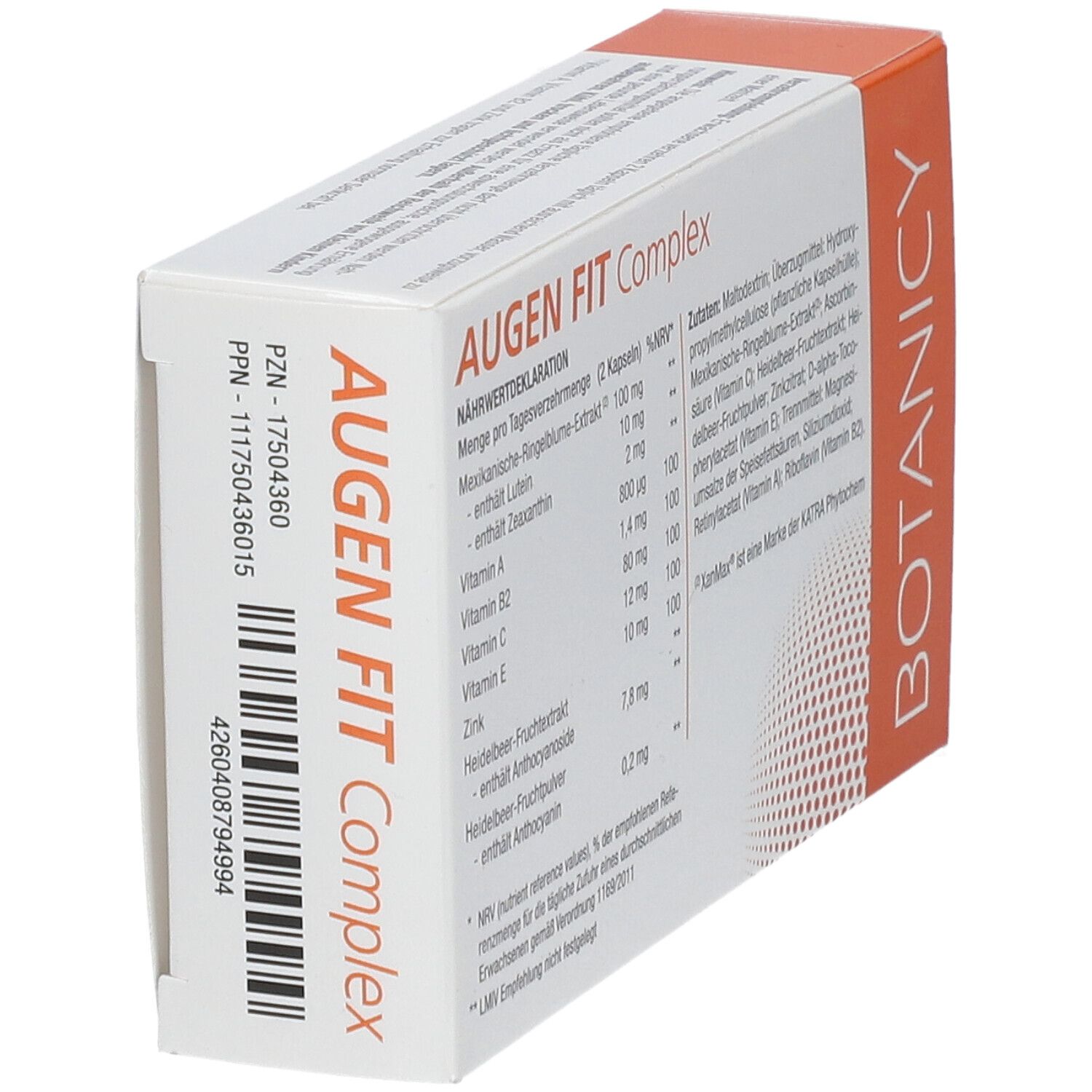 Produktverpackung von Augen Fit Complex. Seitenansicht mit Text und Logo. Enthält 60 Kapseln.