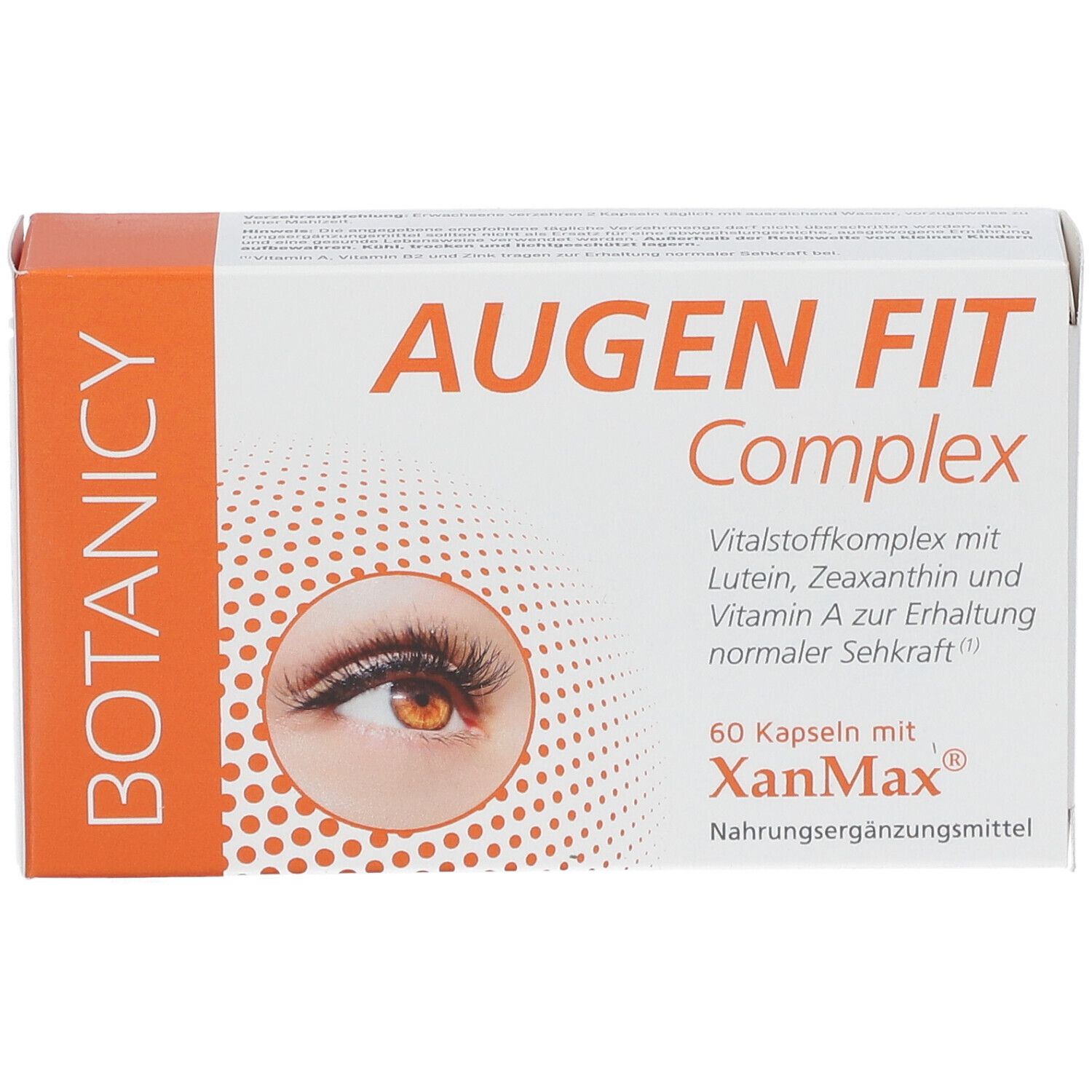 Produktverpackung von Augen Fit Complex. Enthält 60 Kapseln mit XanMax. Abbildung eines Auges.