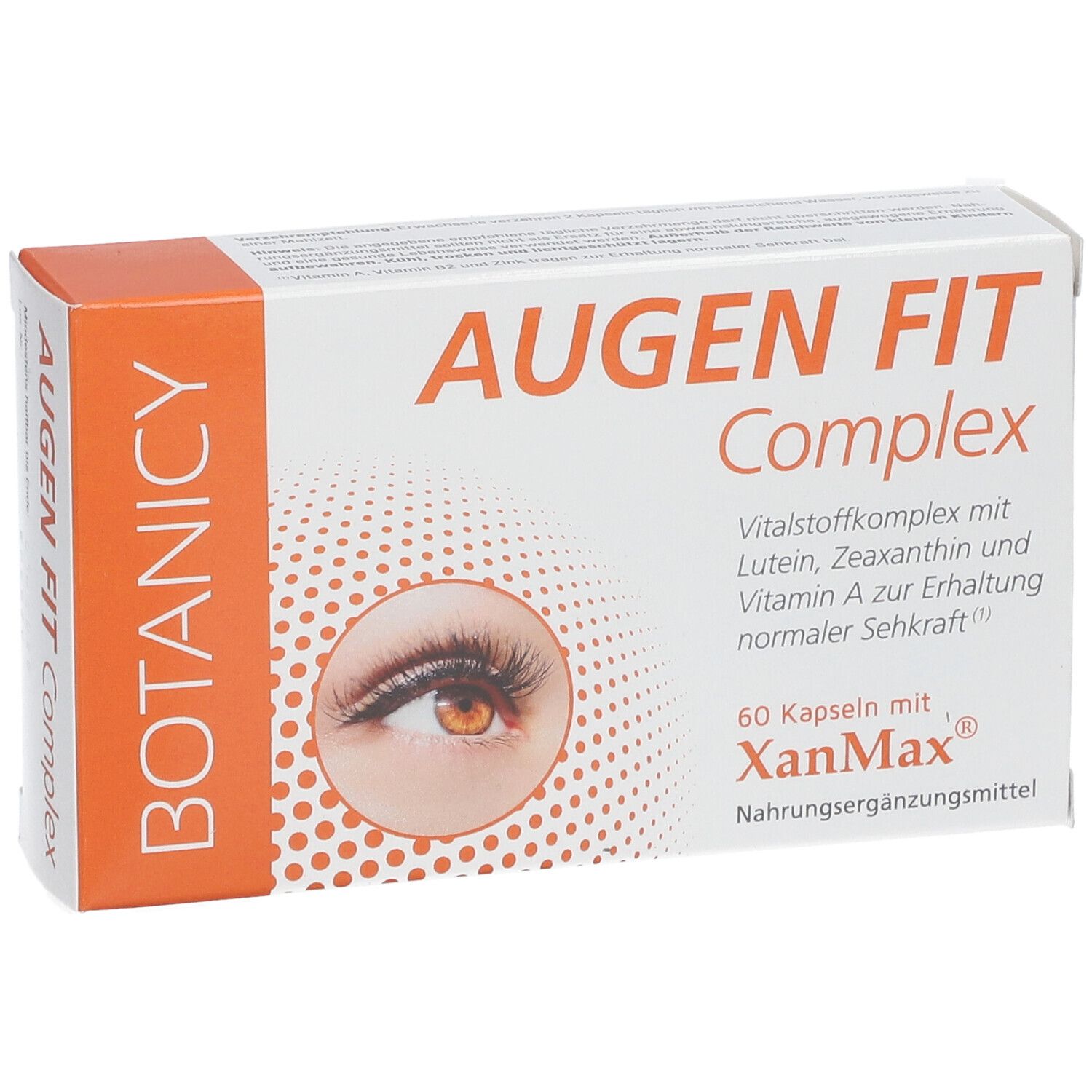 Produktverpackung von Augen Fit Complex. Enthält 60 Kapseln mit XanMax. Abbildung eines Auges.