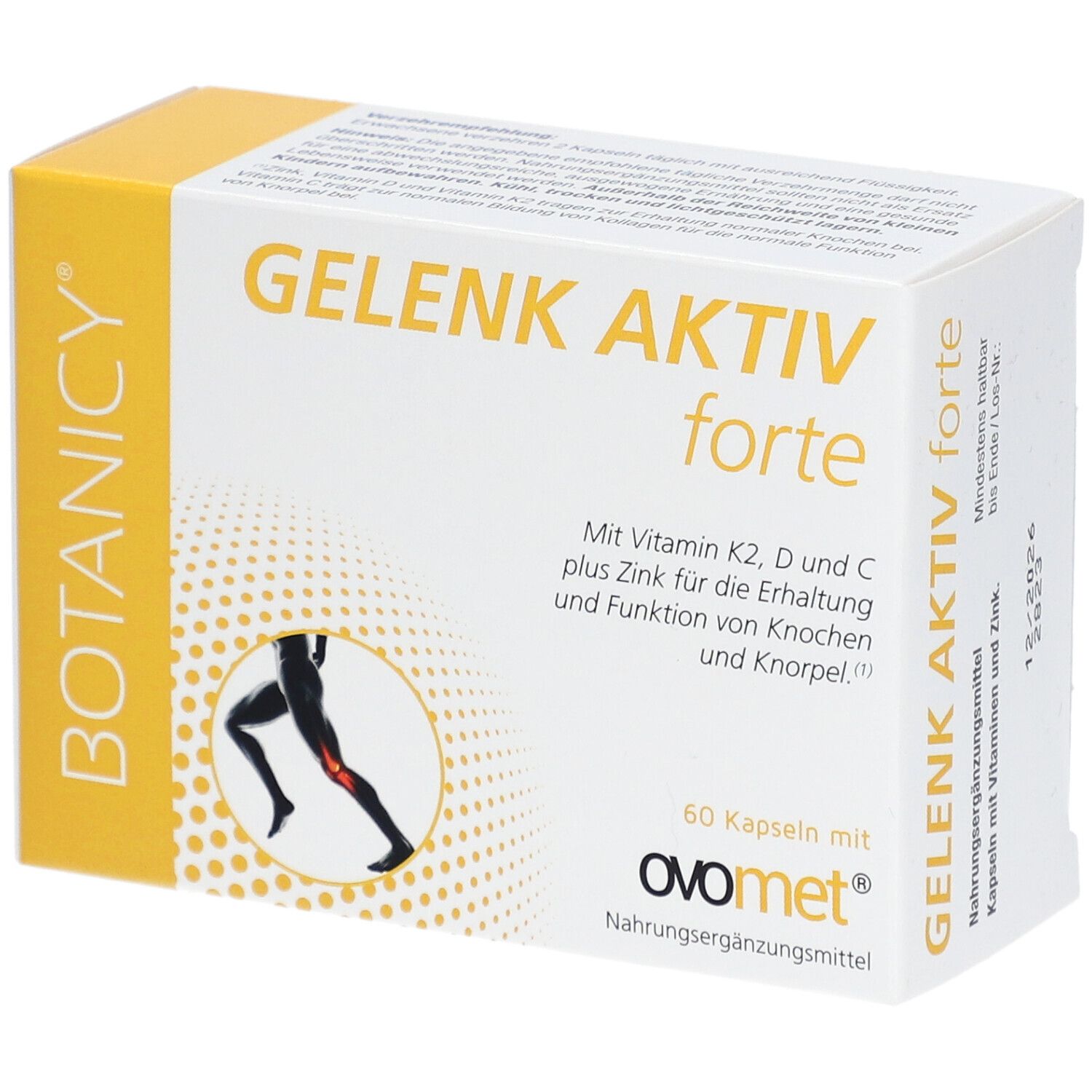 BOTANICY Gelenk Aktiv forte. Weiße Schachtel mit gelben Akzenten. Enthält 60 Kapseln. Text: Vitamin K2, D, C plus Zink.