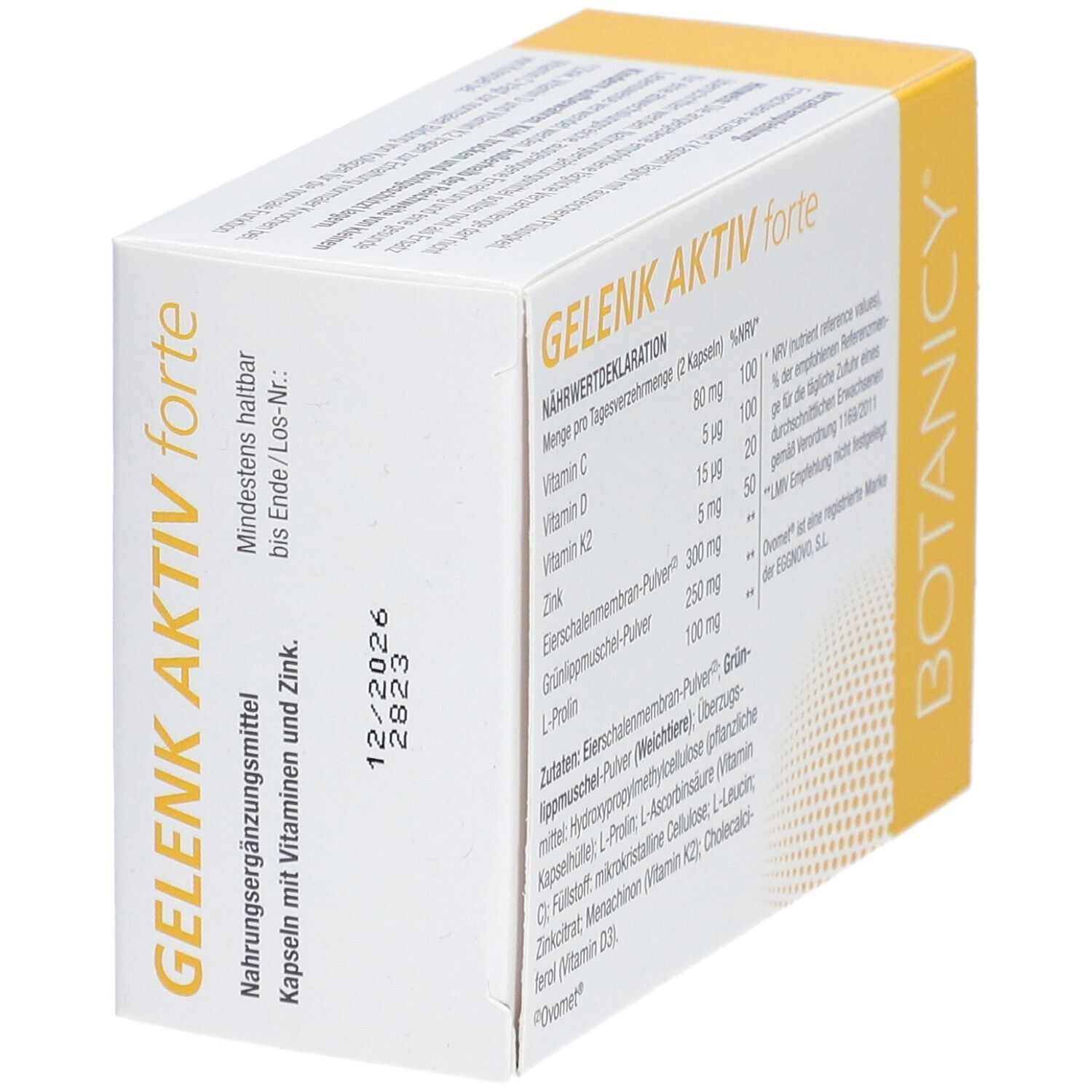 BOTANICY Gelenk Aktiv forte. Weiße Schachtel mit gelben Akzenten. Rückseite mit Text. Text: Nährwertdeklaration.