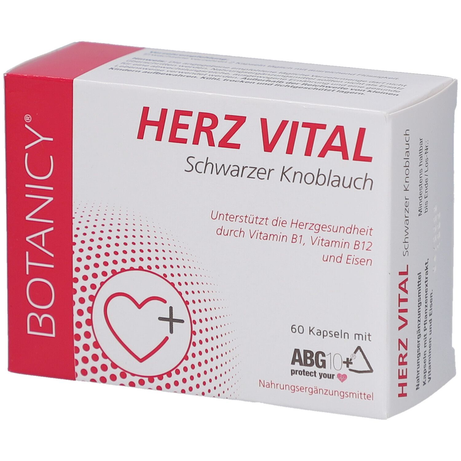 Schachtel "HERZ VITAL Schwarzer Knoblauch". 60 Kapseln. Mit ABG10+. Marke: BOTANICY. Abgebildet: Knoblauch.