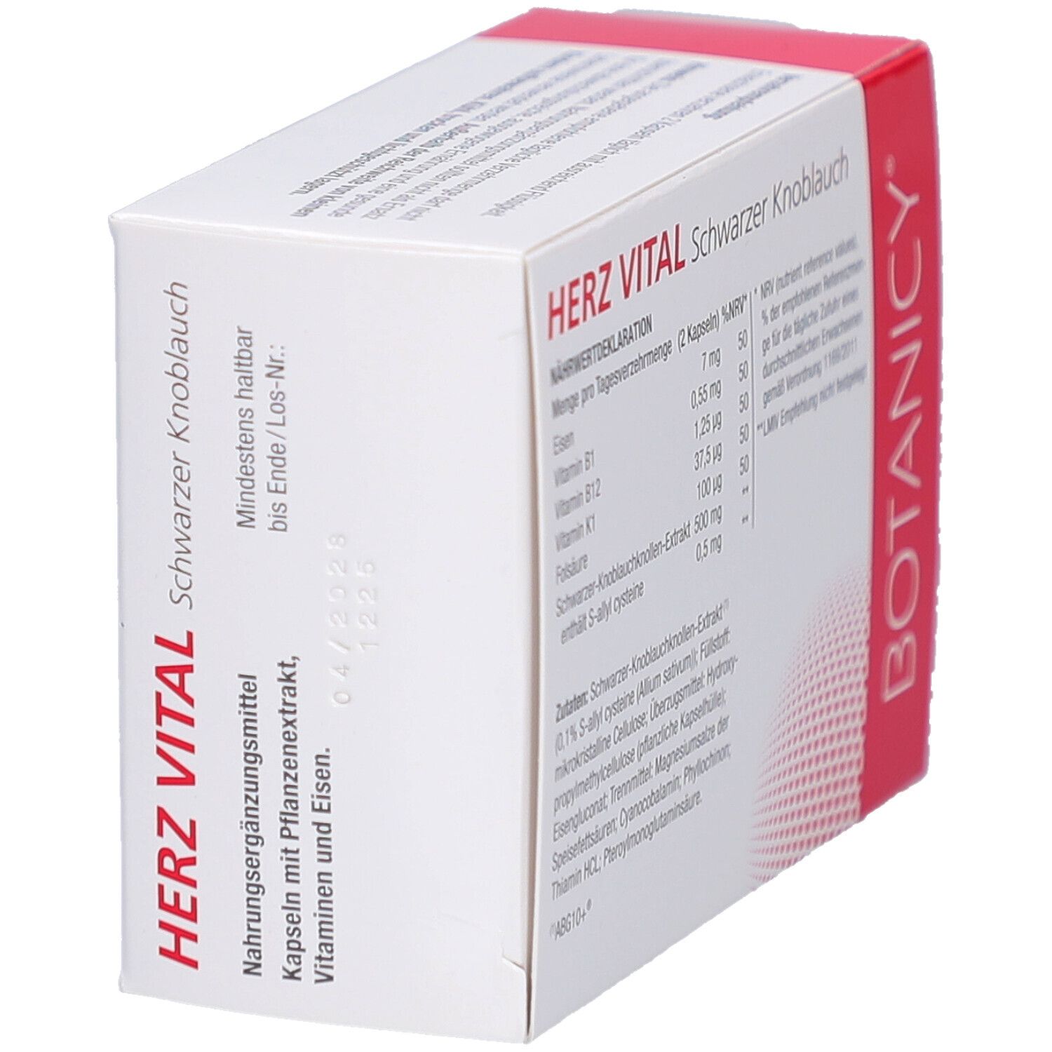 Seite der Schachtel "HERZ VITAL Schwarzer Knoblauch". Mindestens haltbar bis 08/2024. Marke: BOTANICY.