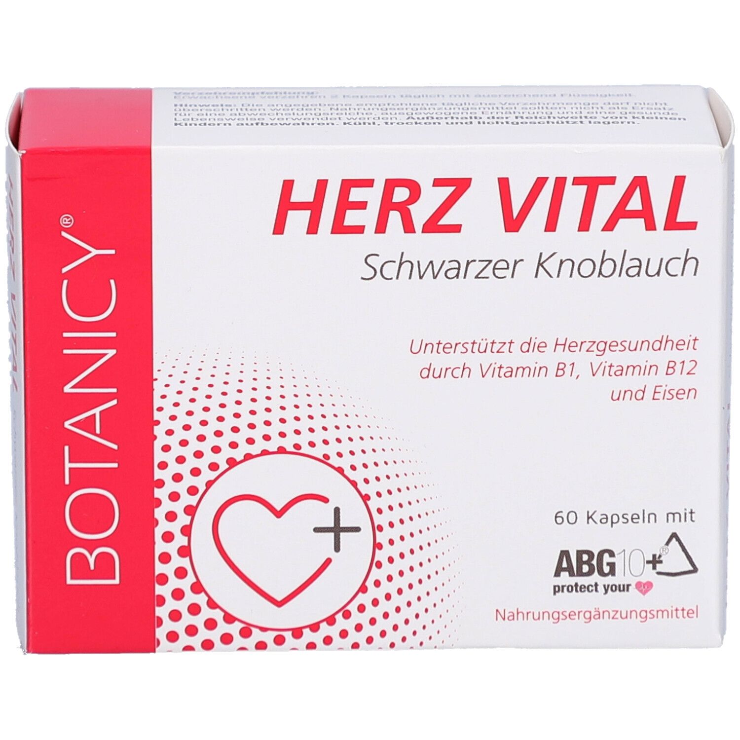 Schachtel "HERZ VITAL Schwarzer Knoblauch". 60 Kapseln. Mit ABG10+. Abgebildet: Knoblauch. Marke: BOTANICY.