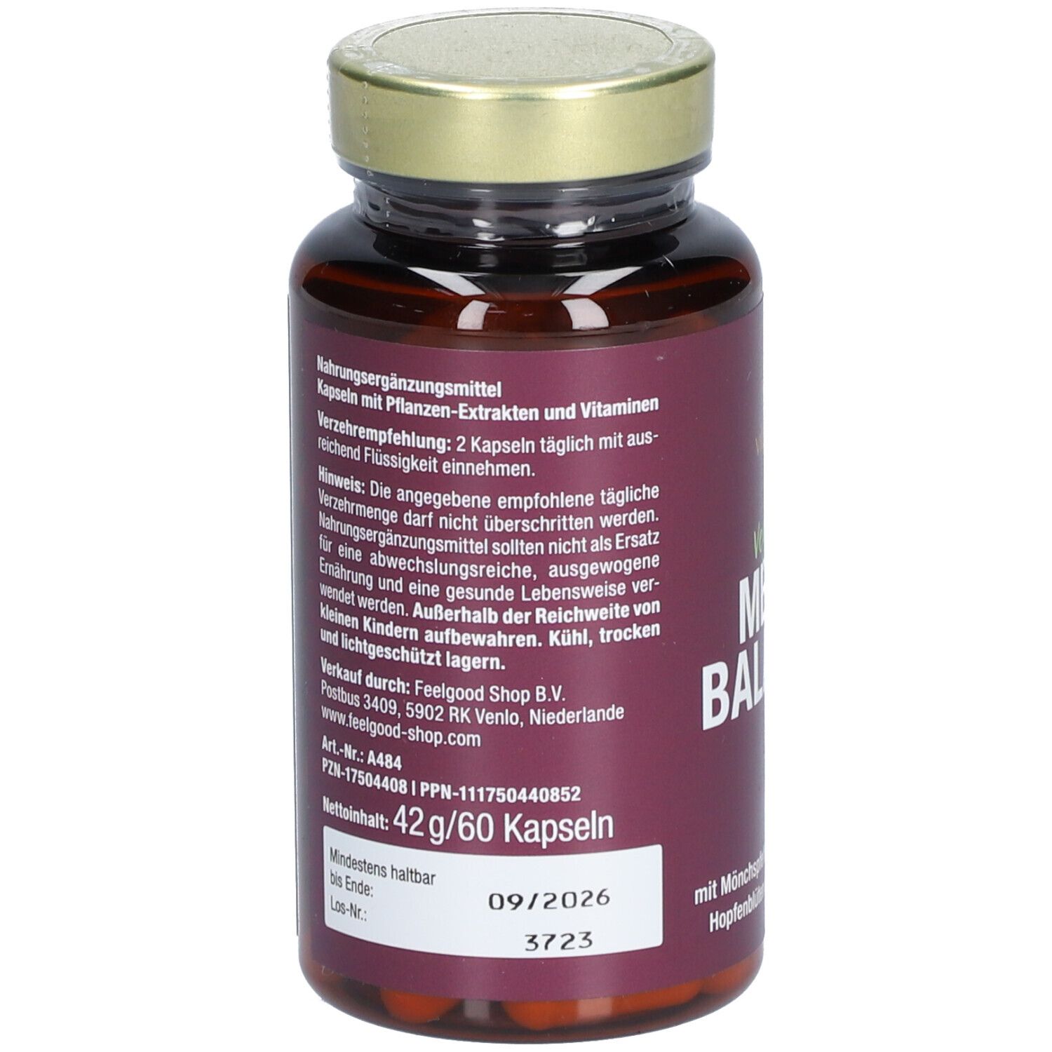 Rückseite der Flasche mit "vitactiv Vegan MENO BALANCE". Angaben zu Inhaltsstoffen und Haltbarkeit.