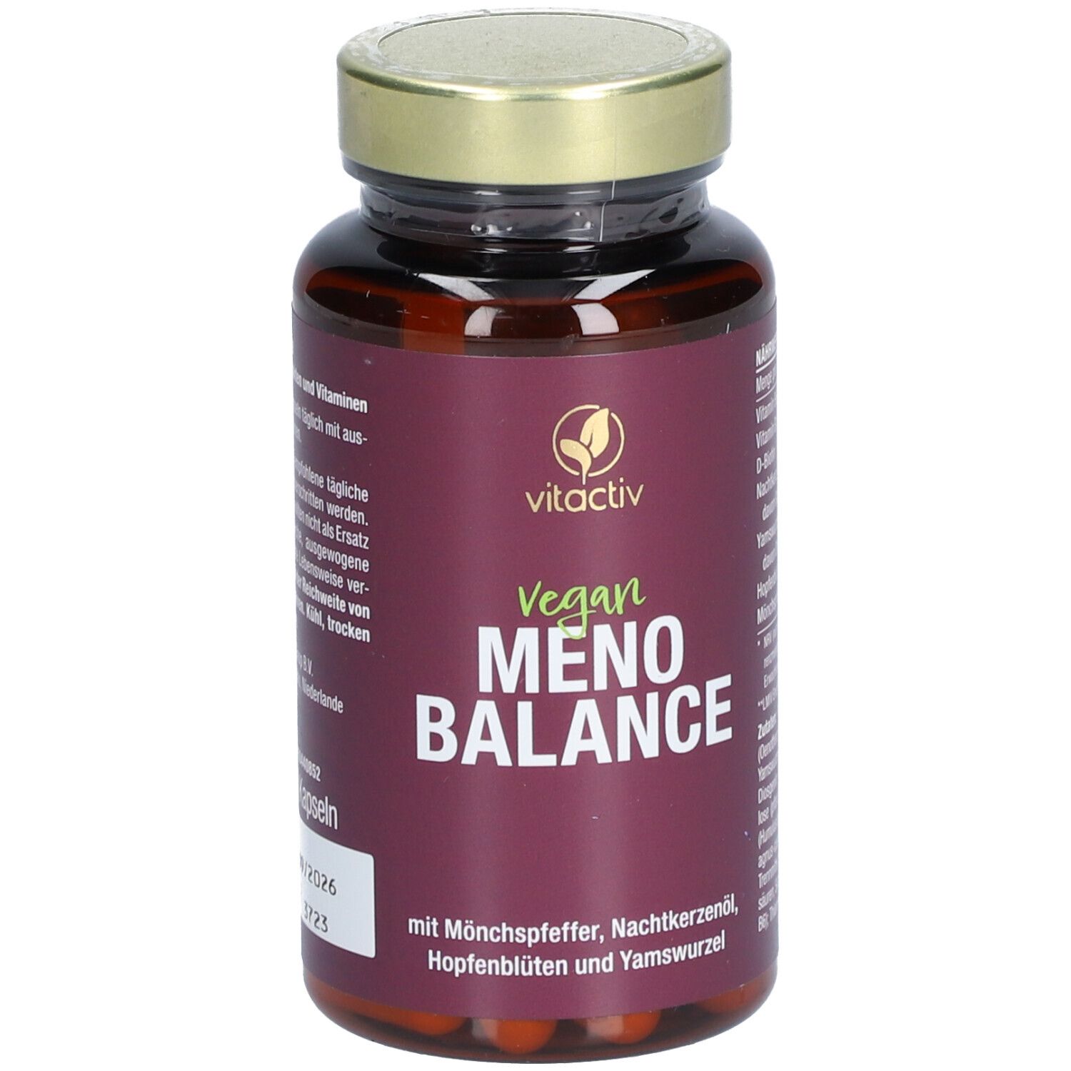 Braune Glasflasche mit goldfarbenem Deckel. Auf dem Etikett steht "vitactiv Vegan MENO BALANCE".