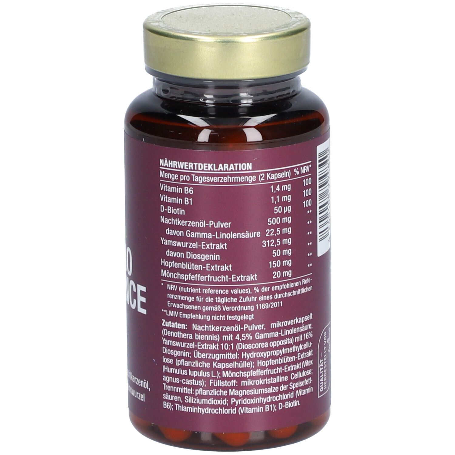 Rückseite der Flasche mit "vitactiv Vegan MENO BALANCE". Nährwertdeklaration und Inhaltsstoffe.