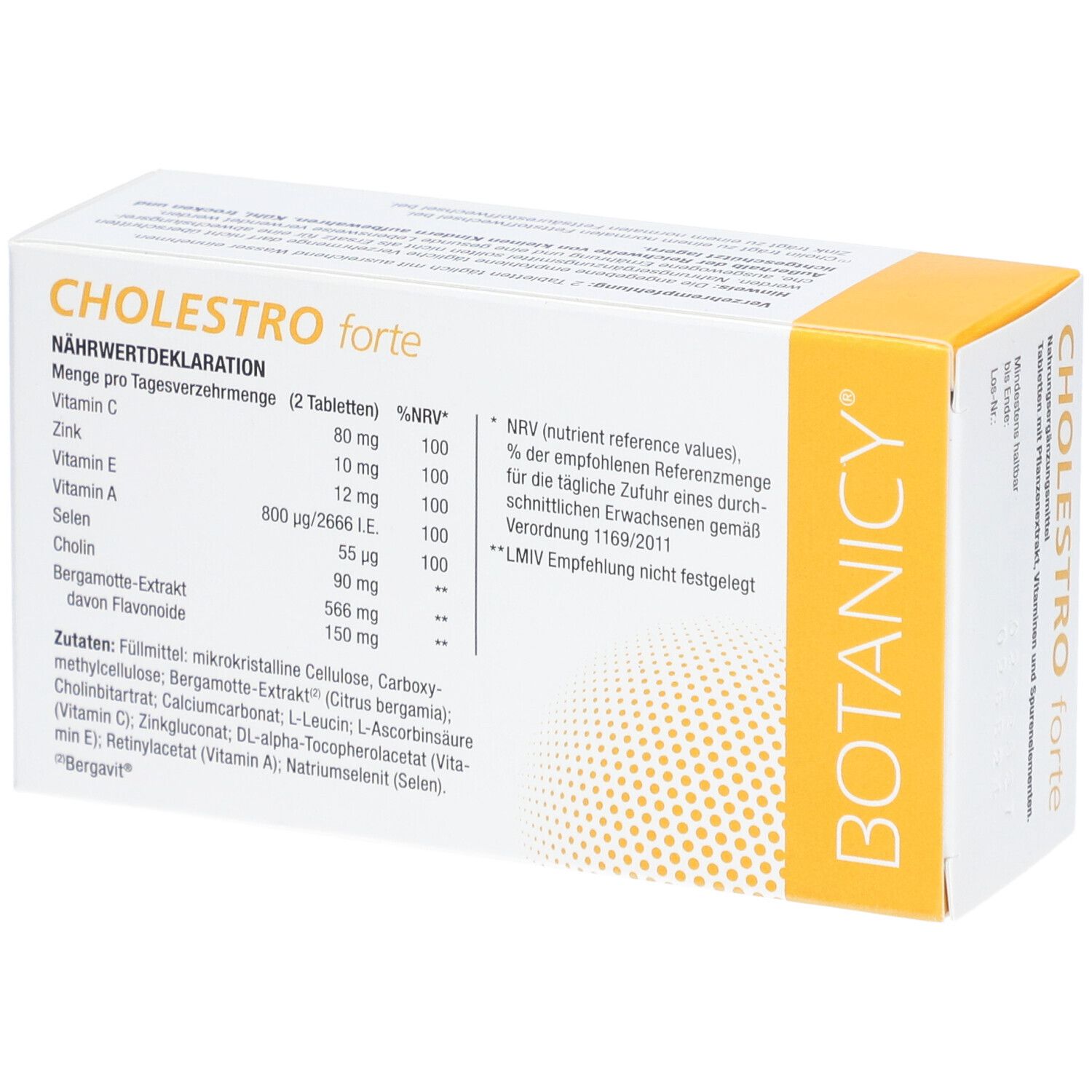 Nährwertdeklaration von Cholestro forte. Text: Vitamin C, Zink, Vitamin E, A, Selen, Cholin. Zutaten, Nettogewicht 63,6 g / 60 Tabletten.