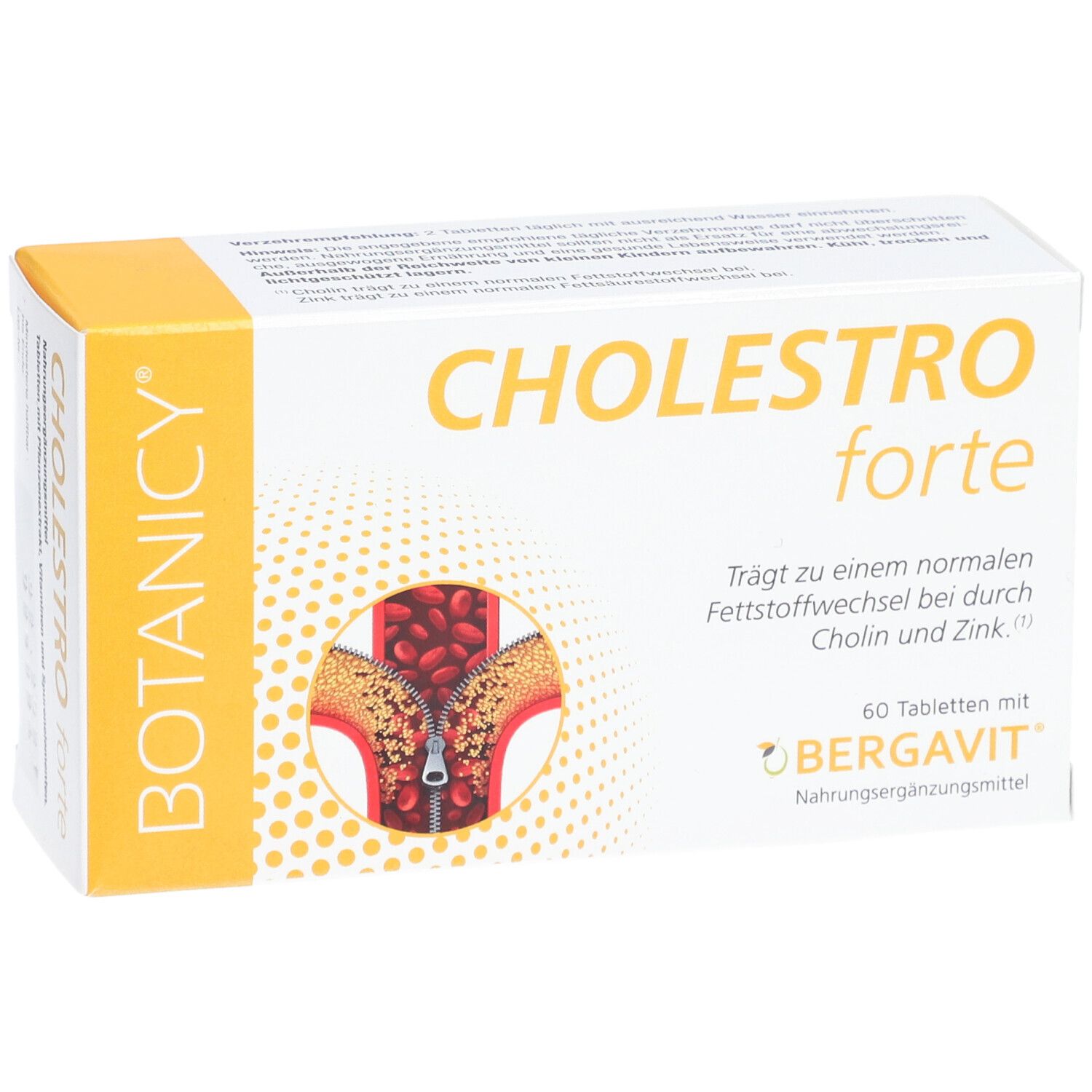Verpackung von Cholestro forte. Aufdruck: 60 Tabletten. Trägt zu einem normalen Fettstoffwechsel bei durch Cholin und Zink.