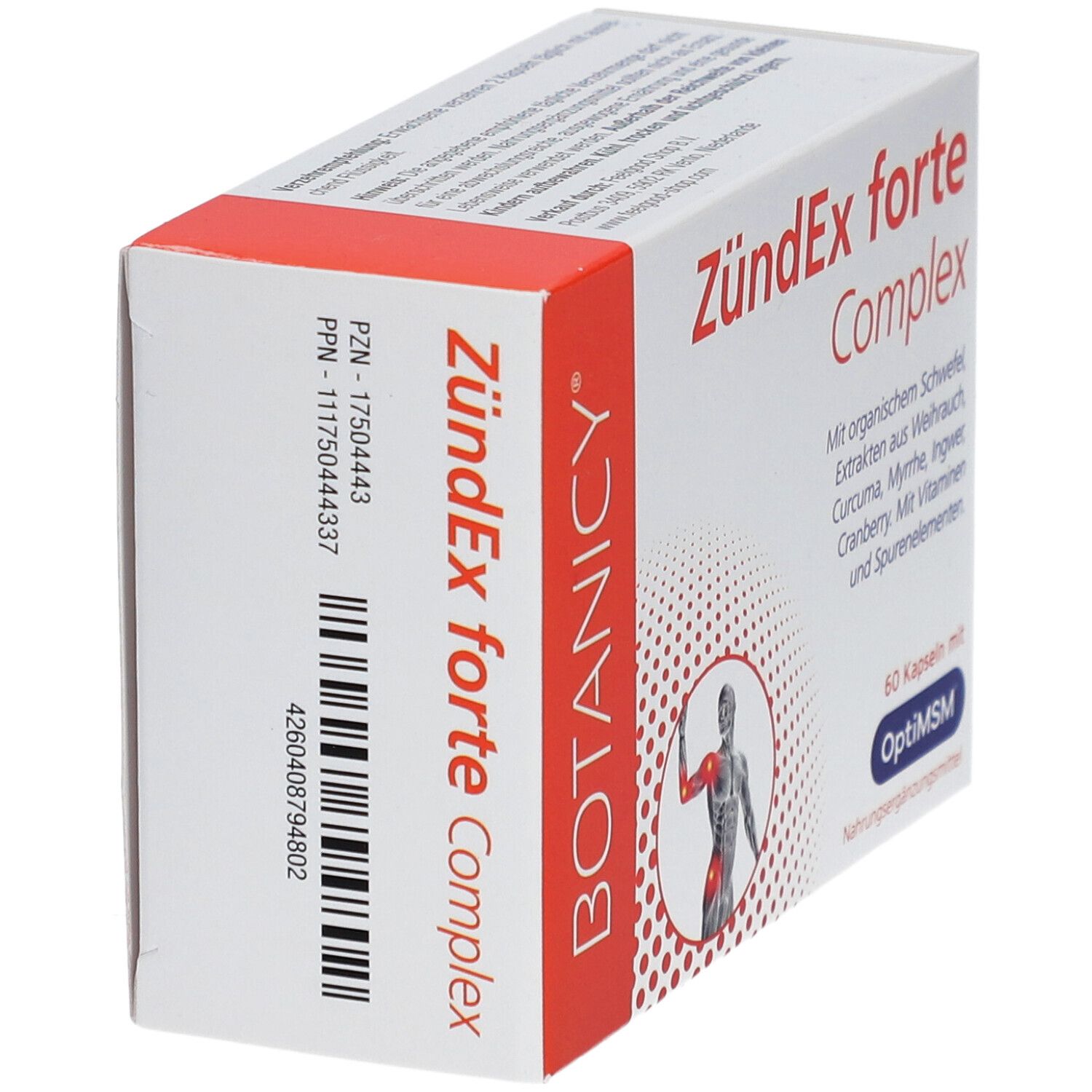 ZündEx forte Complex Packung. Rückseite mit Produktinformationen und Barcode. Enthält 60 Kapseln.