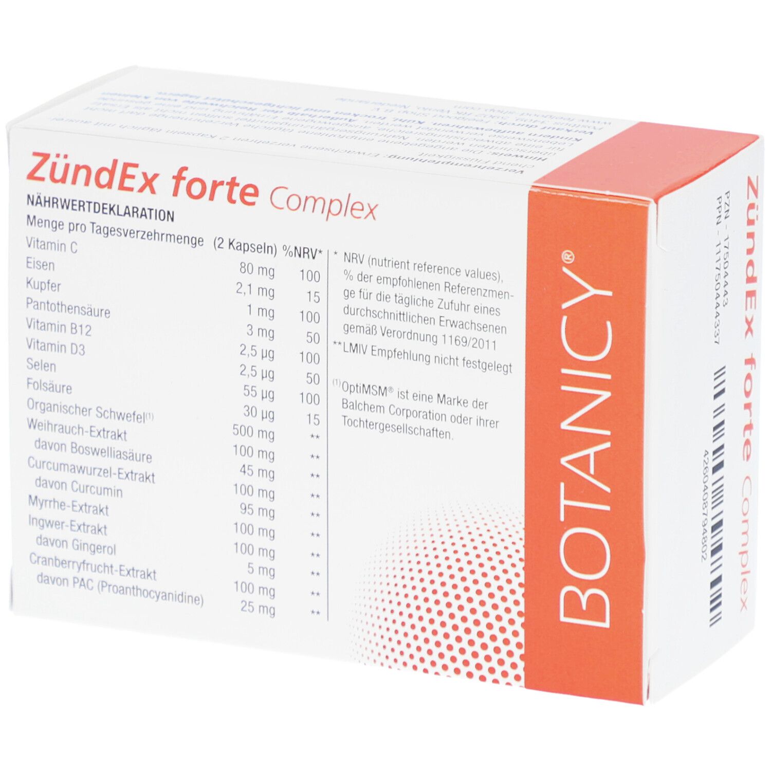 ZündEx forte Complex Packung. Rückseite mit Nährwertdeklaration. Enthält 60 Kapseln.