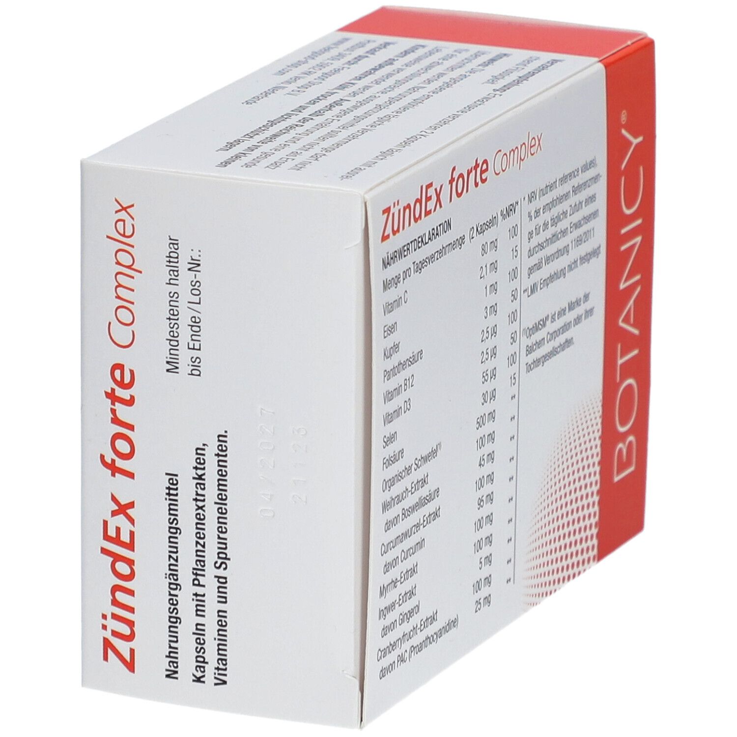 ZündEx forte Complex Packung. Rückseite mit Produktinformationen. Mindestens haltbar bis Ende/Los-Nr.