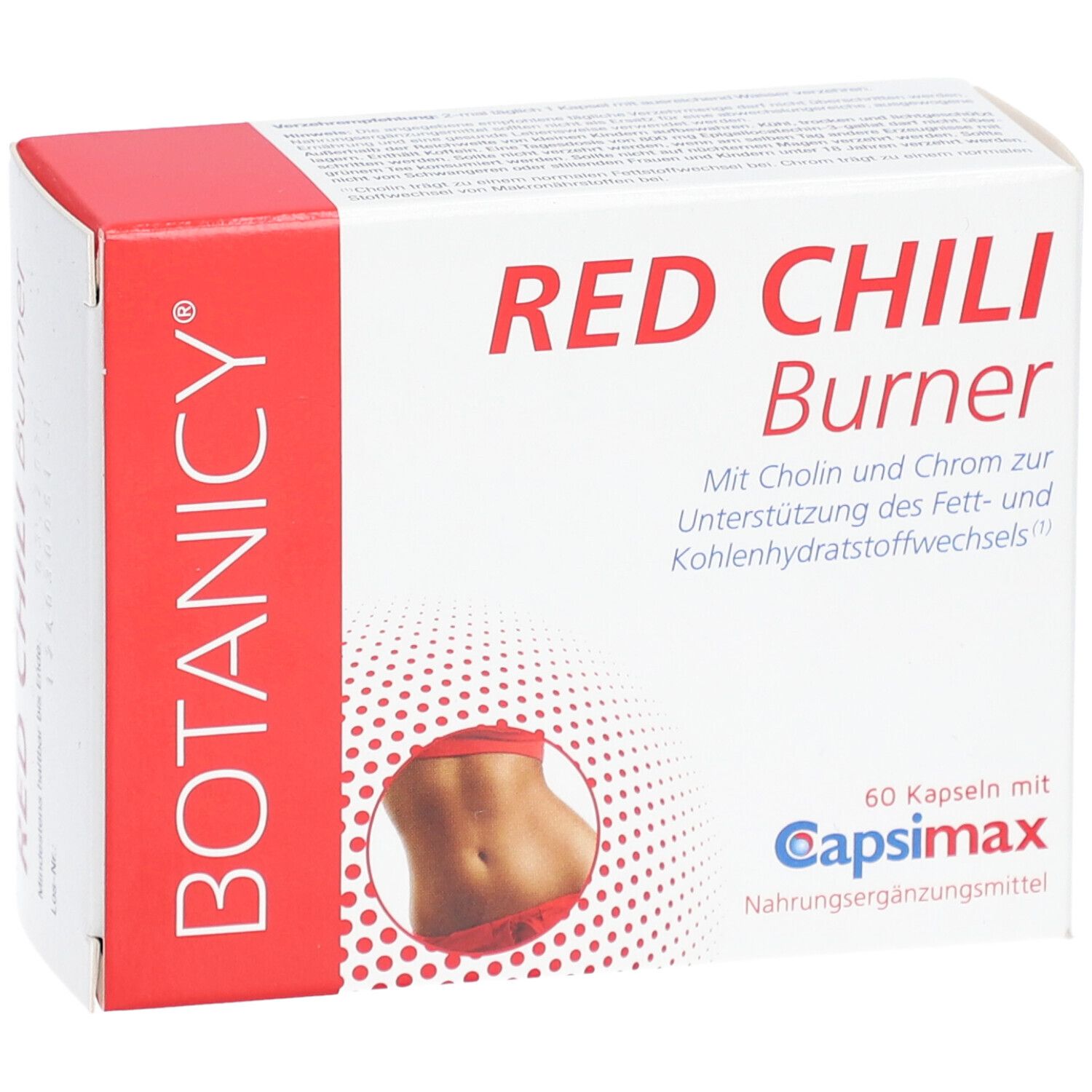 Weiß-rote Schachtel mit Produktnamen RED CHILI Burner. Enthält 60 Kapseln mit Capsimax. Marke: BOTANICY.