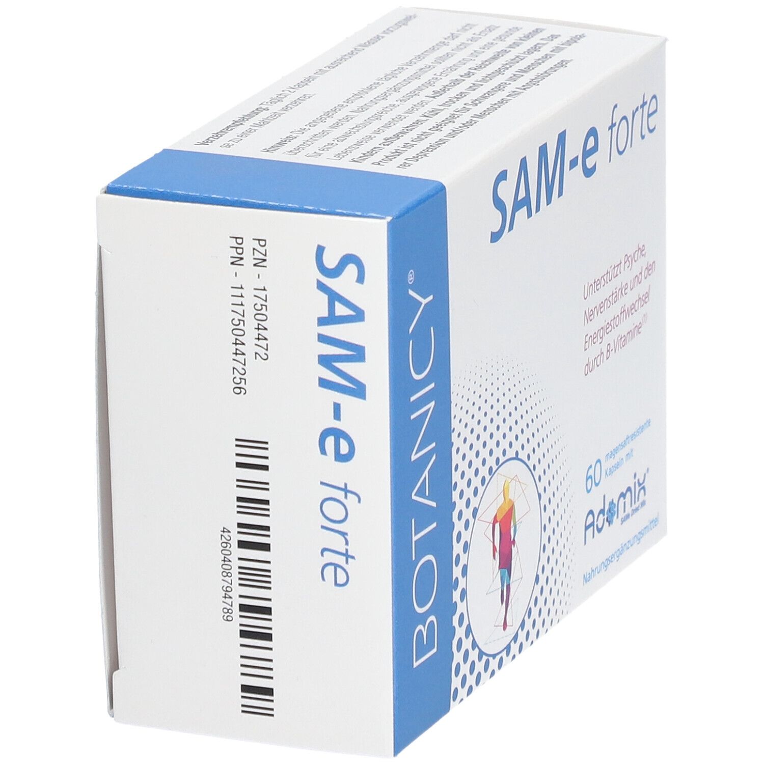 Botanicy SAM-e forte Packung. Enthält 60 magensaftresistente Kapseln. Mit Adomix. Nahrungsergänzungsmittel.