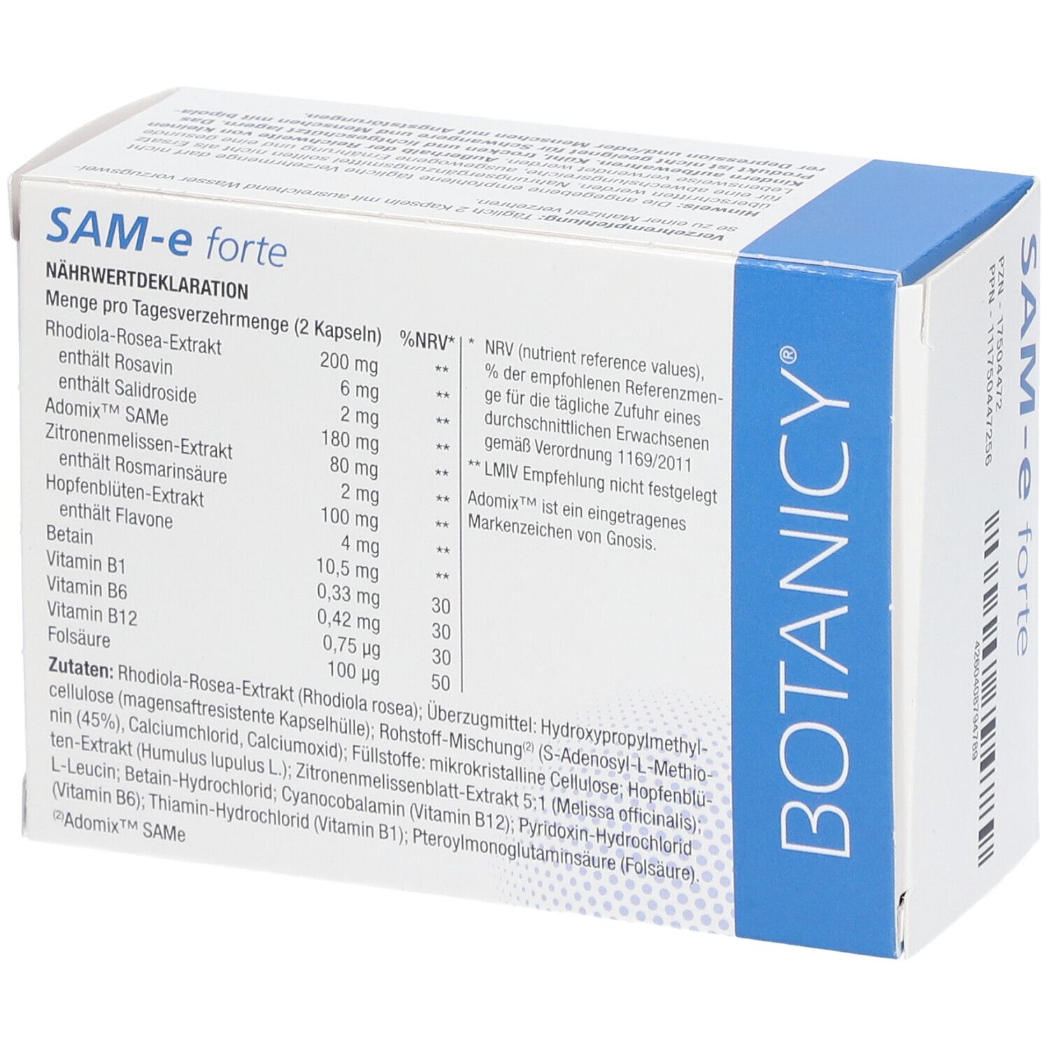 Botanicy SAM-e forte Packung. Enthält 60 magensaftresistente Kapseln. Mit Adomix. Nahrungsergänzungsmittel.